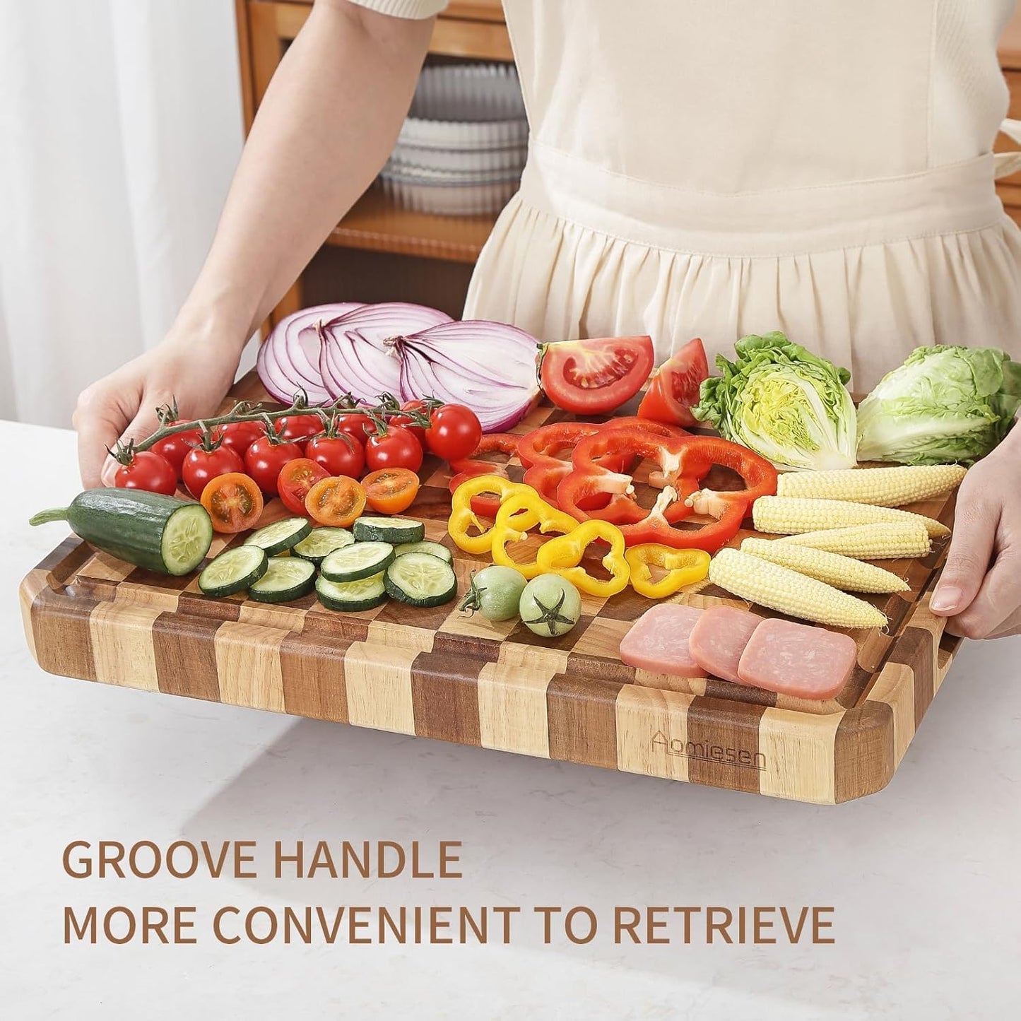 Large wood Cutting Board for Kitchen with Juice Handles ， Chopping Board Cheese Charcuterie Board (Checkered cutting board)