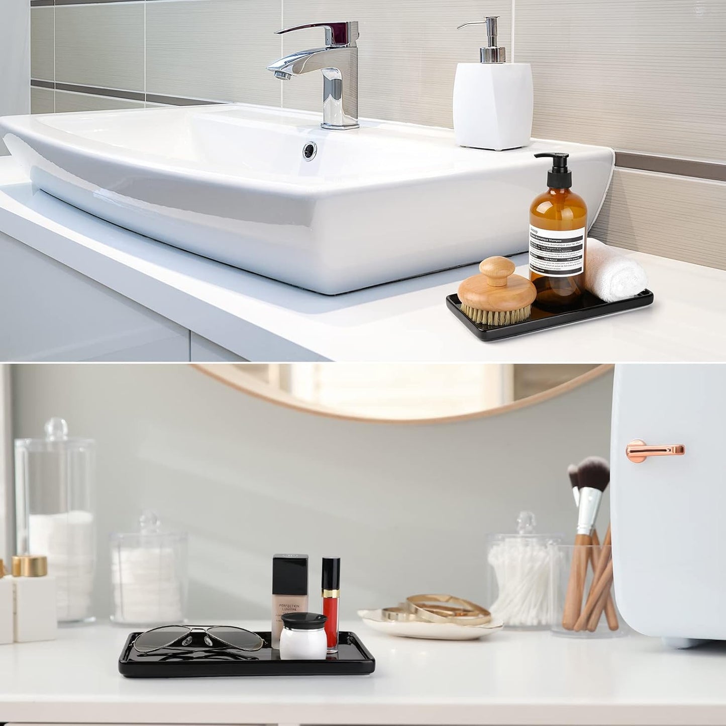 Gurygo 10" Bathroom Tray, Ceramic Vanity Tray for Bathroom, Small Ceramic Trays, Kitchen Soap Trays for Kitchen Counter (Black, 10",Set/1)