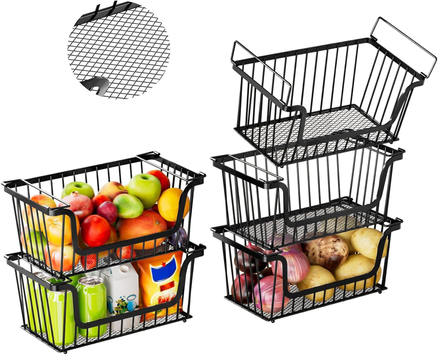 Enhanced Leak-Proof Bottom Stackable Wire Baskets, 5 Pack Pantry Organizers and Storage, pantry storage，Shelf Baskets, Fruit Basket, Potato and Onion Storage Bins，(Black)