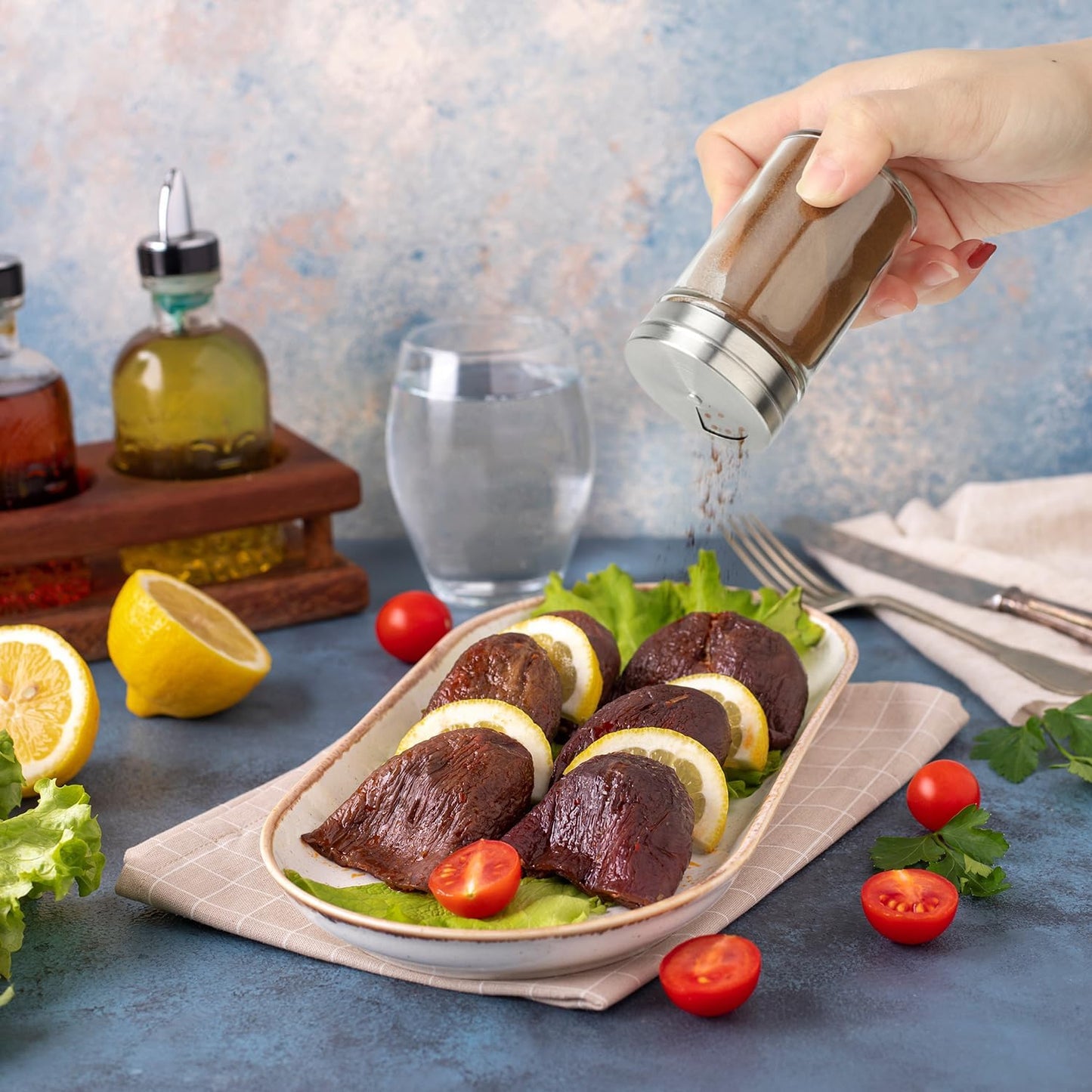 Segarty Spice Jars, 3 Pack 3 oz Spice Bottles with Shaker Lids, Glass Empty Seasoning Containers with Adjustable Pour Holes for Kitchen Spice Storage Stainless Steel Flow Top Salt and Pepper Shakers