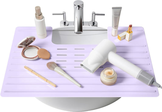 Maplefield Bathroom Sink Cover for Counter Space, Heat Resistant Silicone Sink Mat for Your Beauty Routine, Small Bathroom Space Saver Sink Cover for Makeup (Lavender Large, 22 x 2 x 2 Inches)