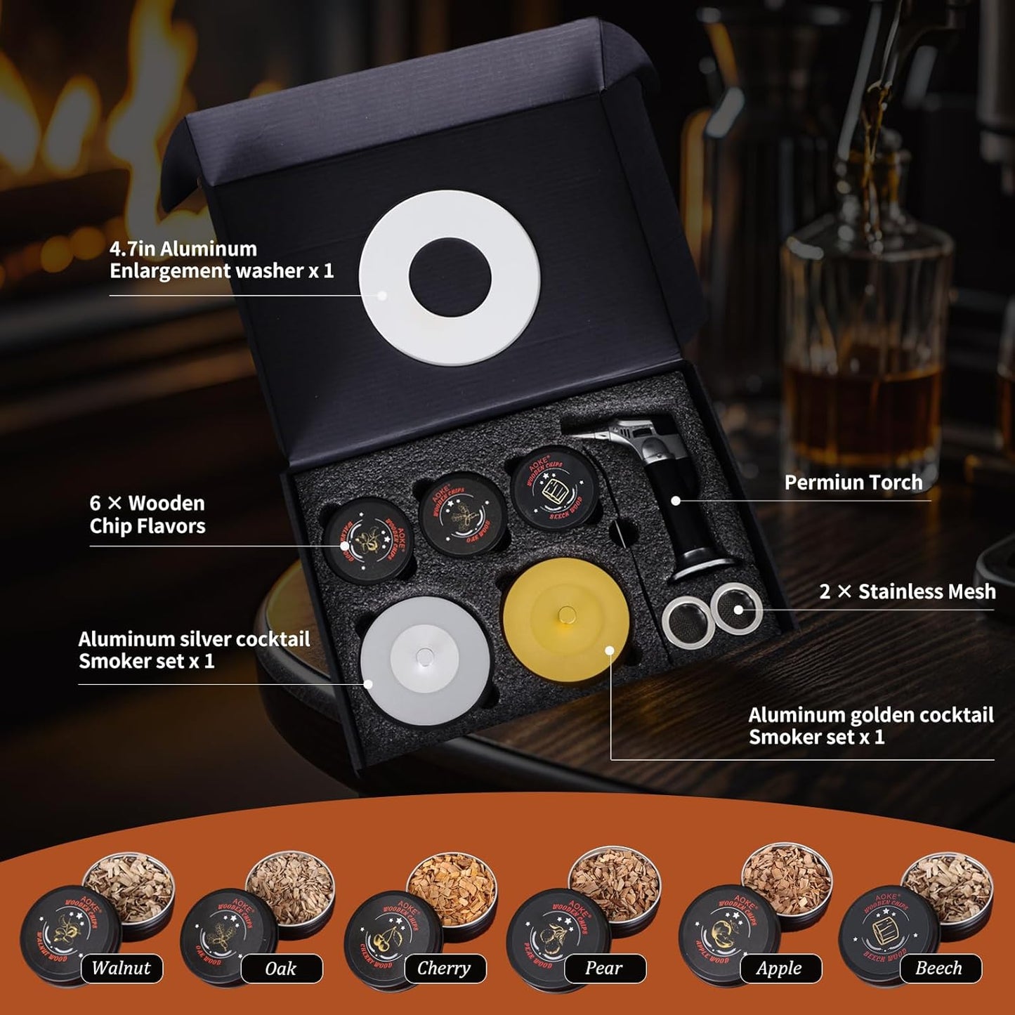 Cocktail Smoker Kit with Torch, 2 Pack Whiskey Smoker Kit Metal Old Fashioned Smoker kit, Birthday Bourbon Whiskey Gifts for Men Dad Husband, 4.7in Expansion Disk, 6 Flavors Wood Chips(No Butane)