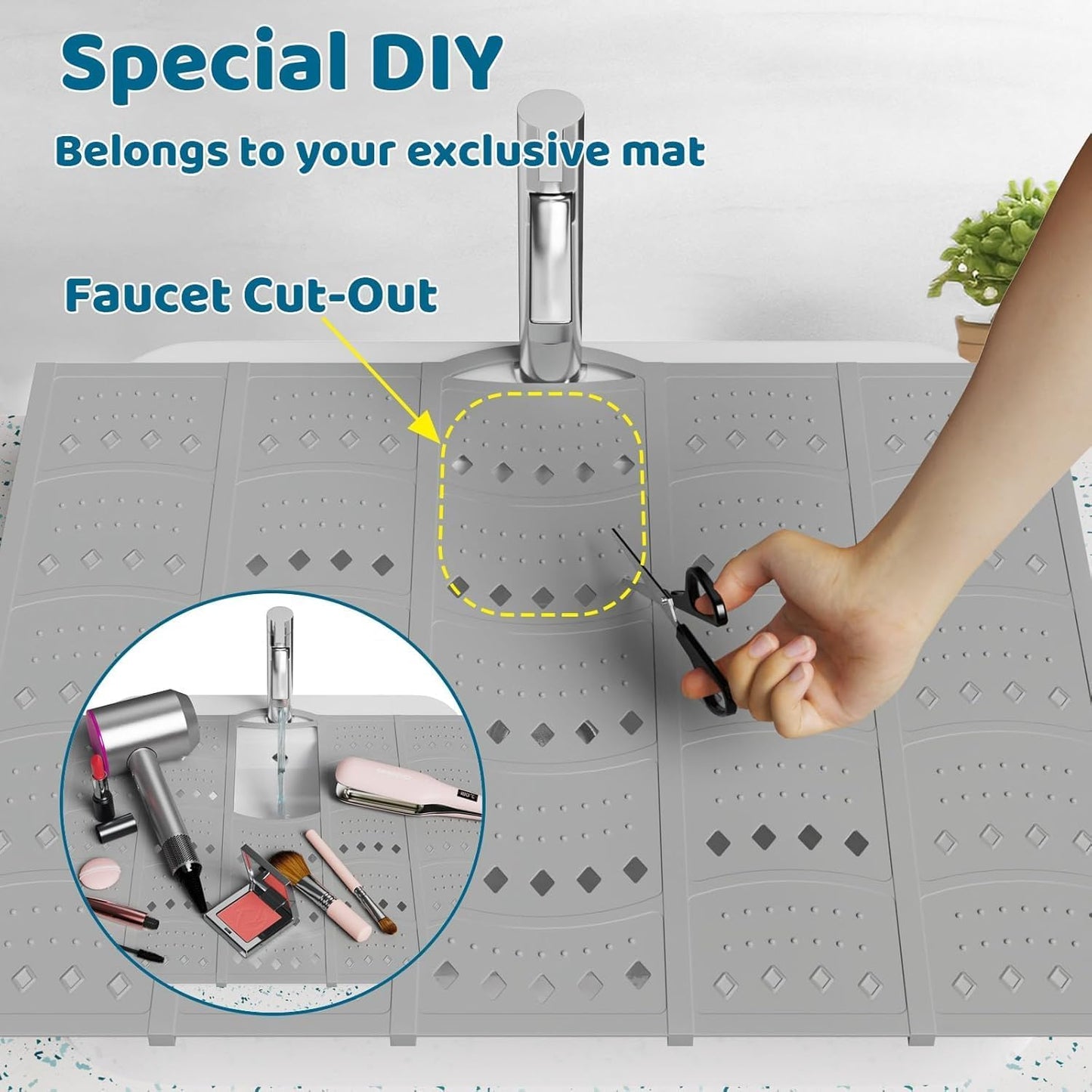 Bathroom Sink Cover for Counter Space, Sink Mat Foldable Sink Cover, Silicone Makeup Organizer Mat Space Saver, Small Bathroom & Rv Camper Travel Must Haves Accessories, Grey