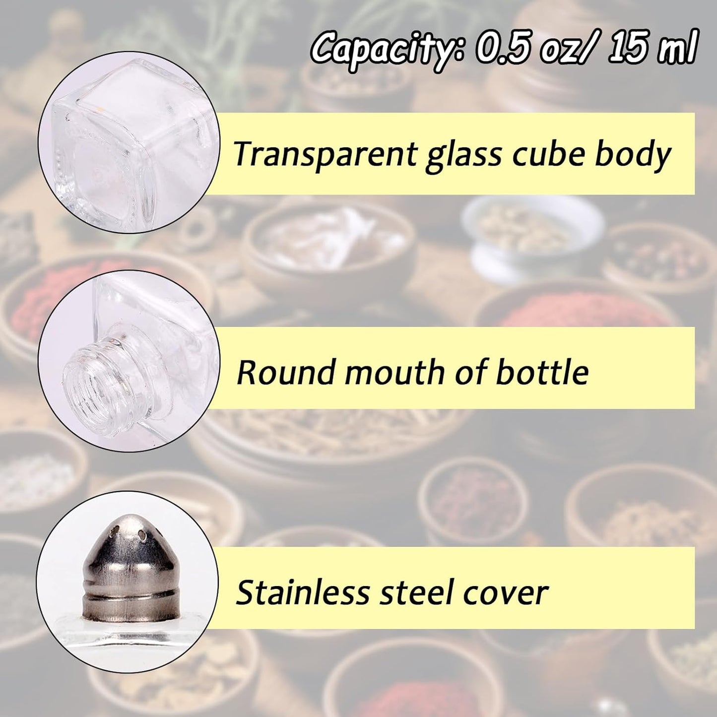 100 Pack Mini Salt and Pepper Shakers, 0.5 OZ Bulk Clear Glass Seasoning Jars Spice Shaker, Small Cube Glass Spice Shaker Container with Stainless Steel Lid for Kitchen Restaurant Supplies