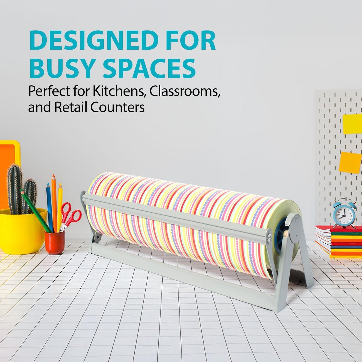 18" Wide Roll Paper Dispenser with Cutter for Desktop – Roll Dispenser with Straight Edge Cutter – Fits Craft, Freezer, Wrapping, Butcher Paper Roll or Cling Film – Heavy-Duty, Grey