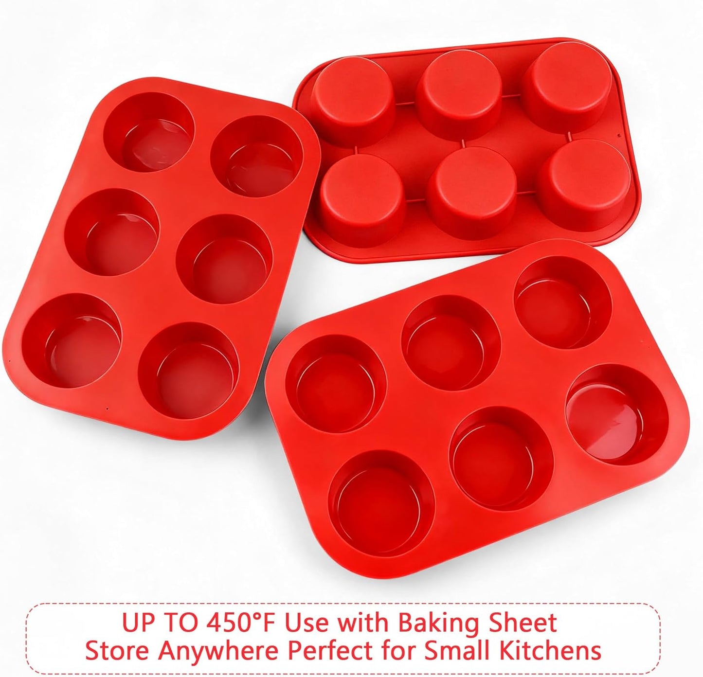 3-Pack 6-Cup Silicone Muffin Pans, Nonstick Cupcake Baking Molds, BPA/PFA-Free, Dishwasher & Oven Safe - Red