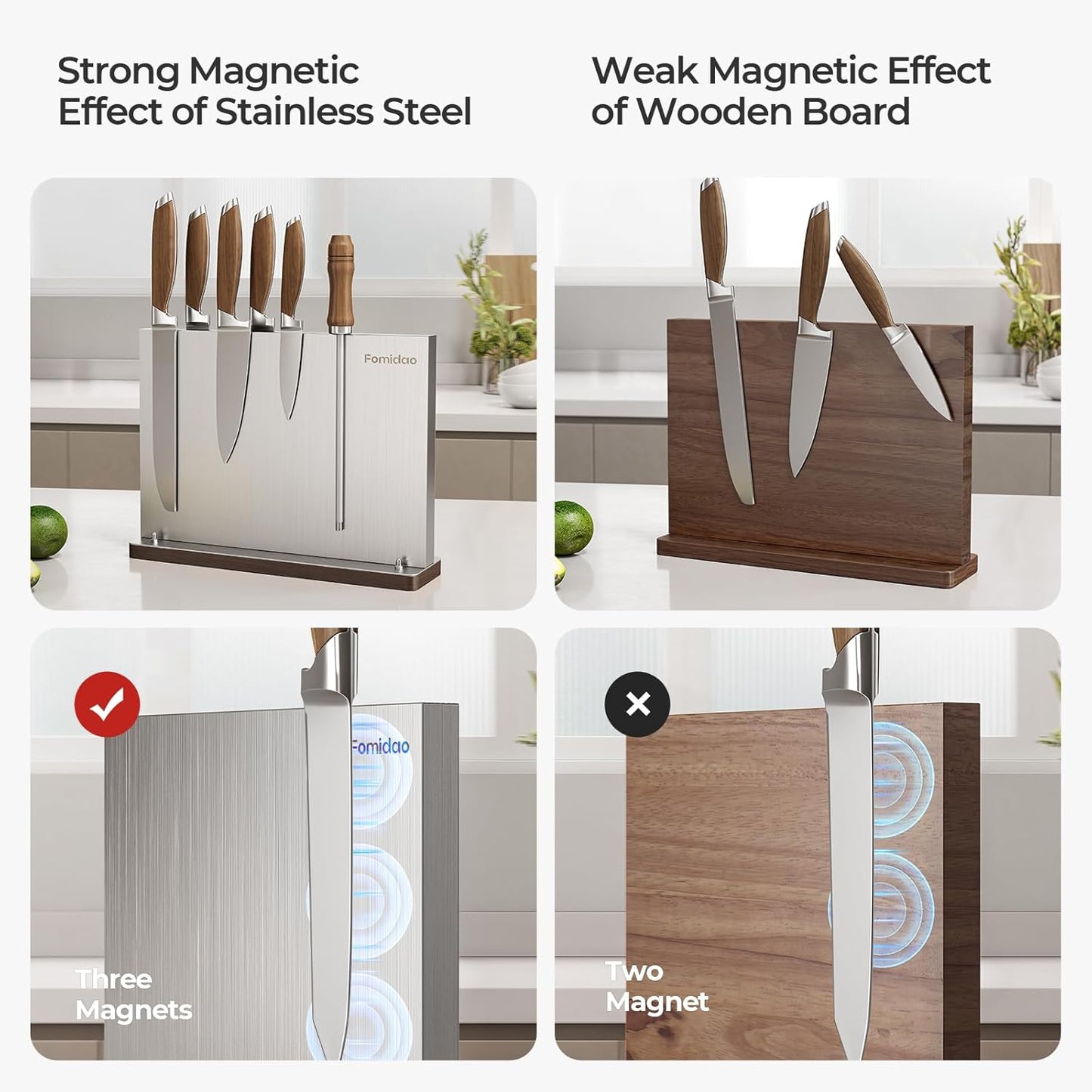 Magnetic Knife Block,Stainless Steel Magnetic Knife Holder Rack for Kitchen Counter,Strong Double Sided Magnet Knife Storage Stand with Wood Base