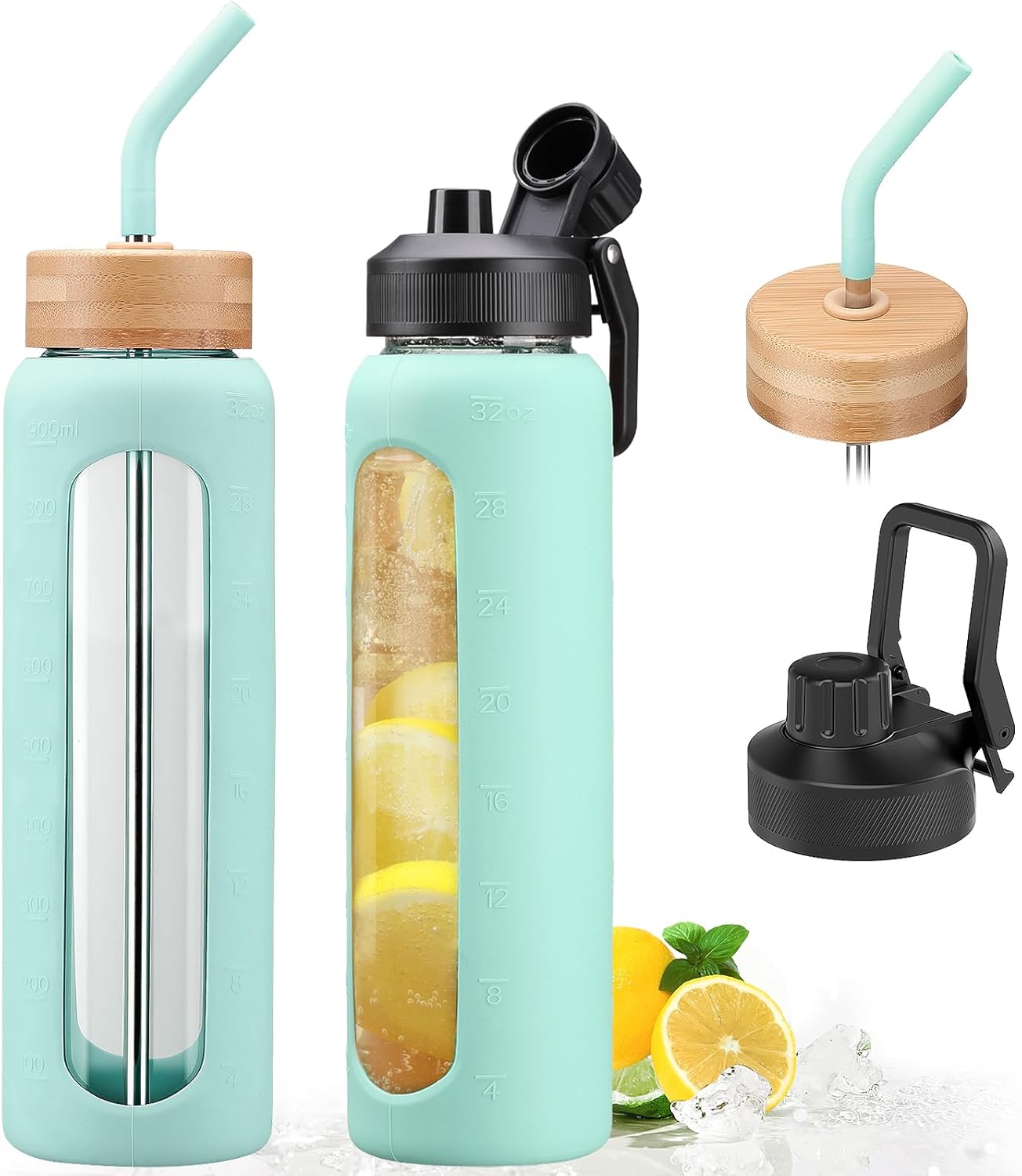 32oz Glass Water Bottle with Straw and 2 Lids- Bamboo Straw and Spout Lid with Phone Holder for Gym, Glass Drinking Bottles with Silicone Sleeve and Motivational Time Marker, Mint Green