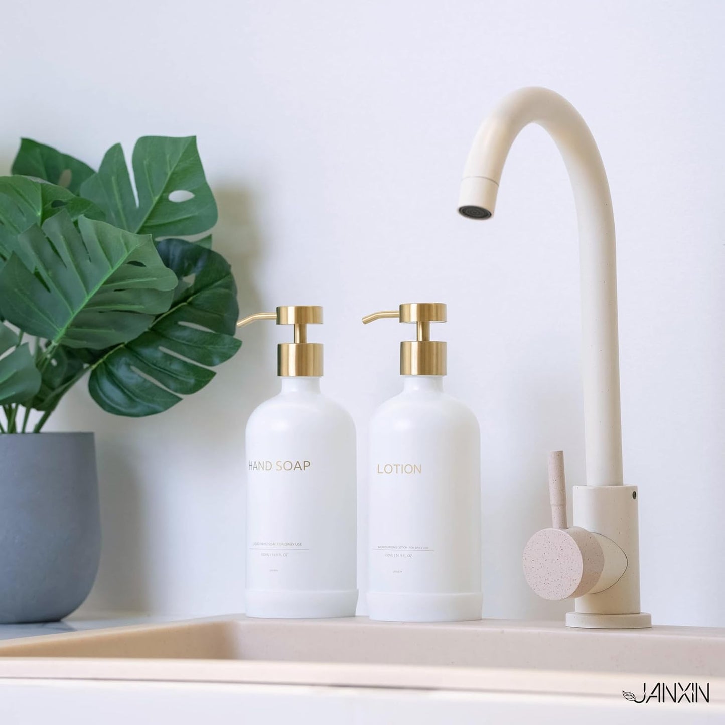 Glass Kitchen Soap Dispenser Set with Ceramic Tray,16.9 floz Hand and Dish Soap Dispenser for Kitchen and Bathroom Decor (White + Gold(Lotion))