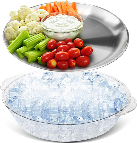 Baderke 1 Set 11.8" Chilled Serving Tray for Parties with Compartments Ice Chilled Party Platter Charcuterie Serving Board Cold Dish Dip for Fruit Seafood Vegetable Shrimp Cocktail (Natural)