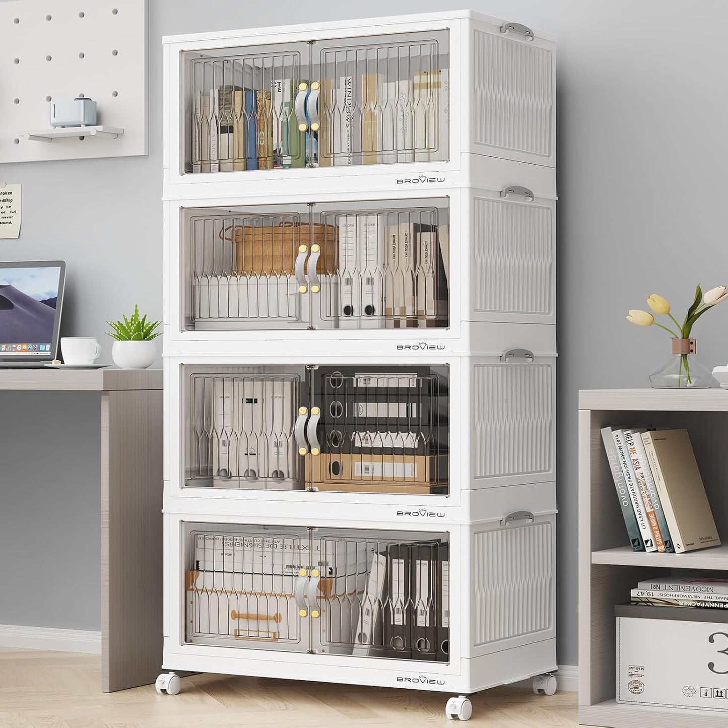 240Qt Stackable Storage Bins with Lid, Extra Large Closet Organizer Collapsible Drawer Boxes with Wheels, Folding Plastic Cabinet Containers for Home Kitchen Room Organization, 4Pack White