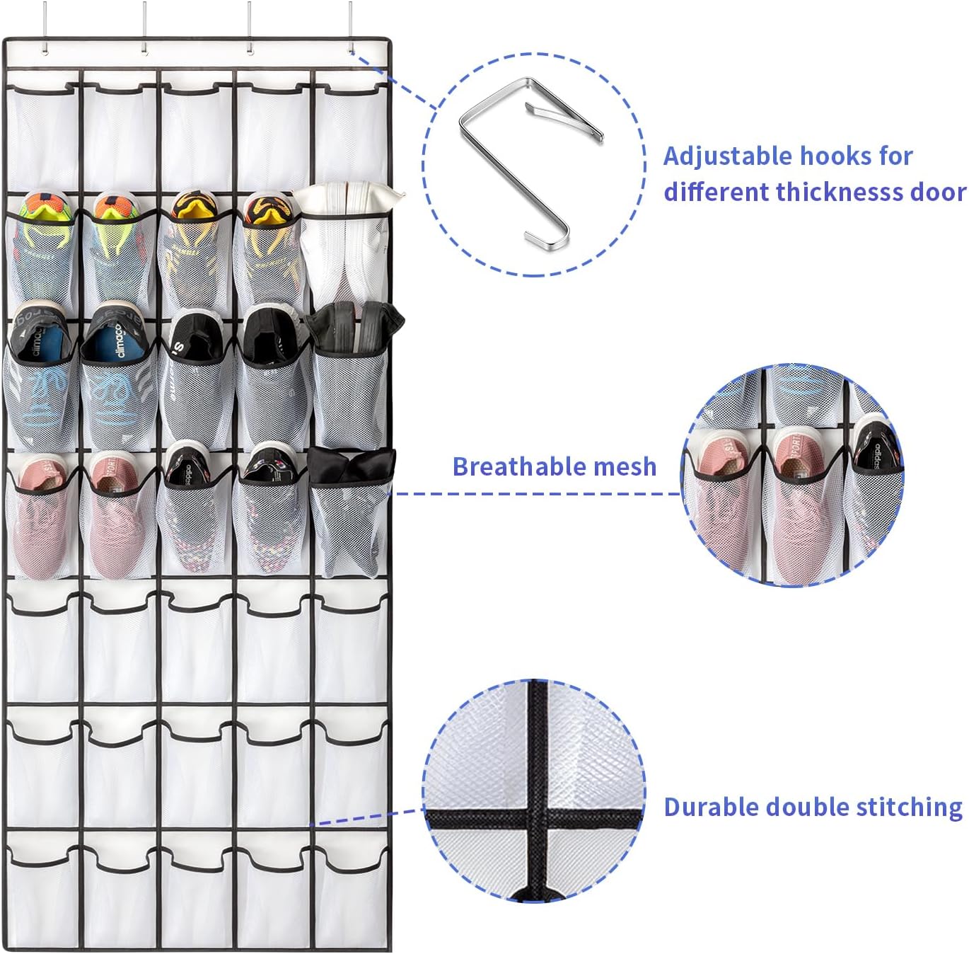 35 Pockets Over the Door Shoe Organizer, Hanging Shoe Organizer for Door with 35 Mesh Pockets Large Capacity Shoe Hanging Storage Bag with 4 Metal Hooks (White-1Pack)