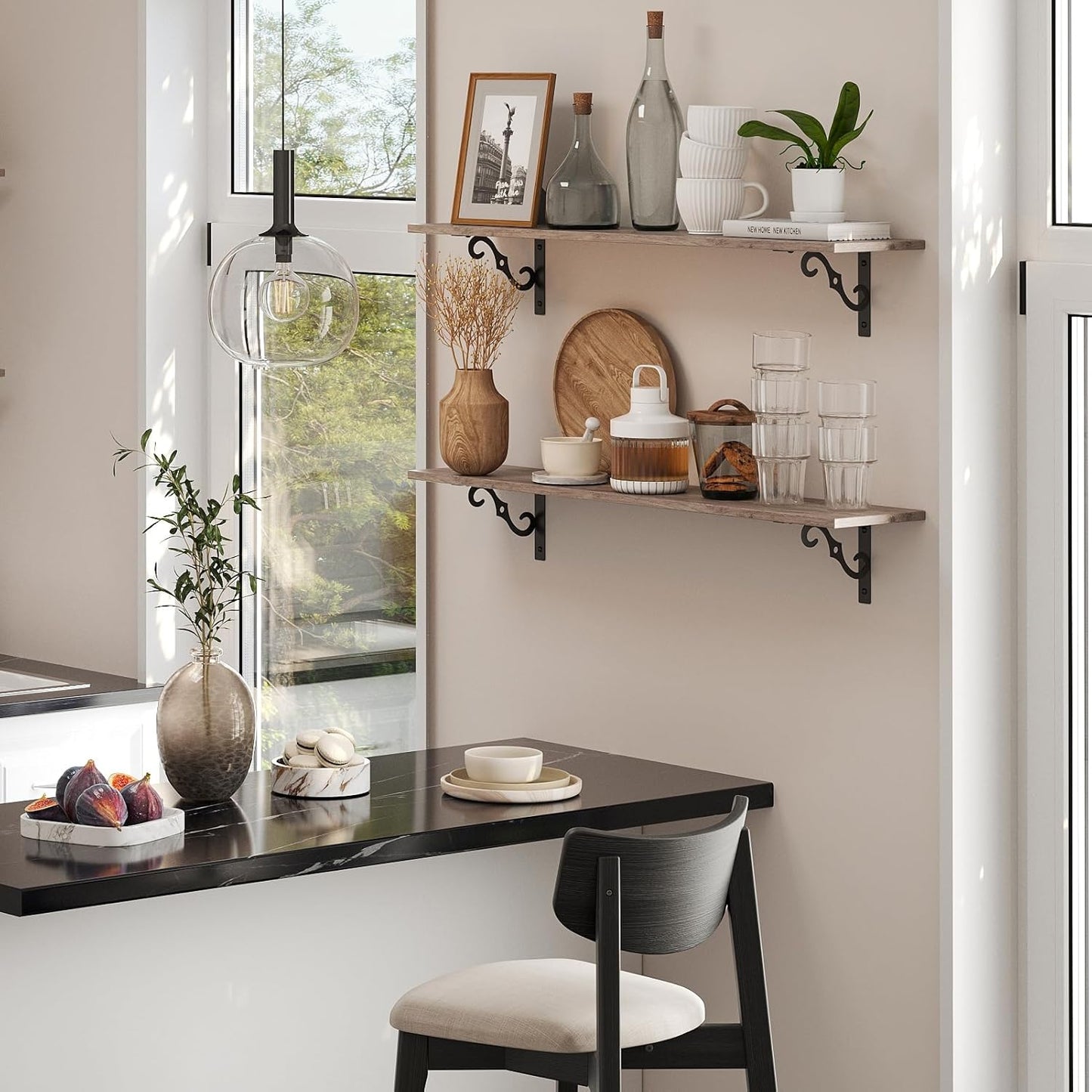 DINZI LVJ Long Wall Shelves, 31.5 Inch Large Floating Shelves Set of 2, Wide Display Shelf Wall Mounted with Brackets, Easy Hanging for Living Room, Toilet, Office, Bedroom, Greige