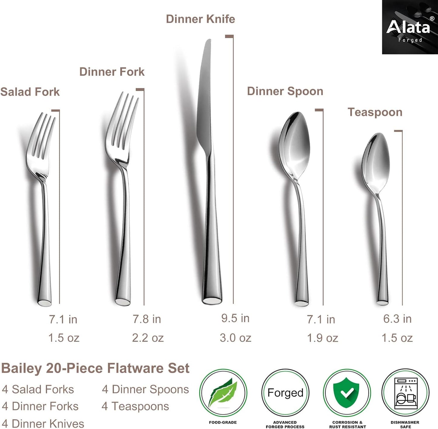 Alata Bailey 20-Piece Forged Silverware Set Stainless Steel Flatware Set,Service for 4,Mirror Polished Cutlery Set,Dishwasher Safe…