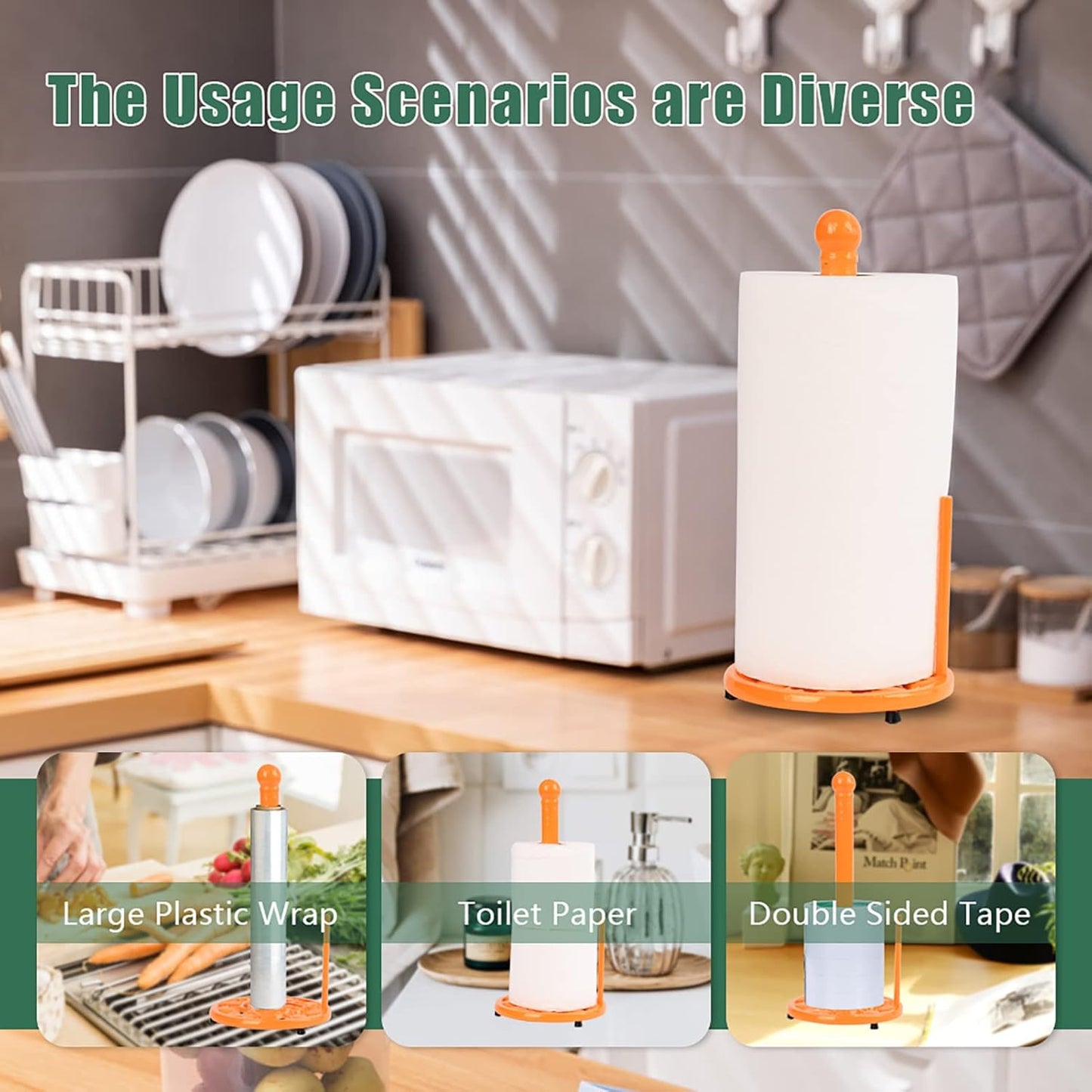 Cast Iron Paper Towel Holder, Vintage Chic Pumpkin Pattern Weighted Base Roll Paper Towel Holder Stand for Kitchen Bathroom Countertops, Orange