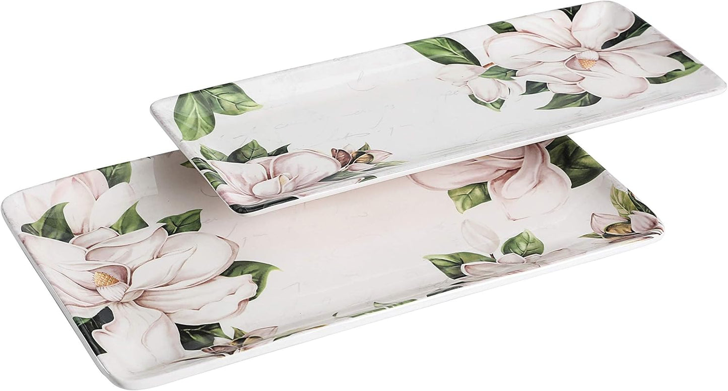 Bico Magnolia Floral Ceramic 14 inch Rectangular Serving Platter, Set of 2, for Serving Salad, Pasta, Cheese, Ham, Appetizer, Microwave & Dishwasher Safe