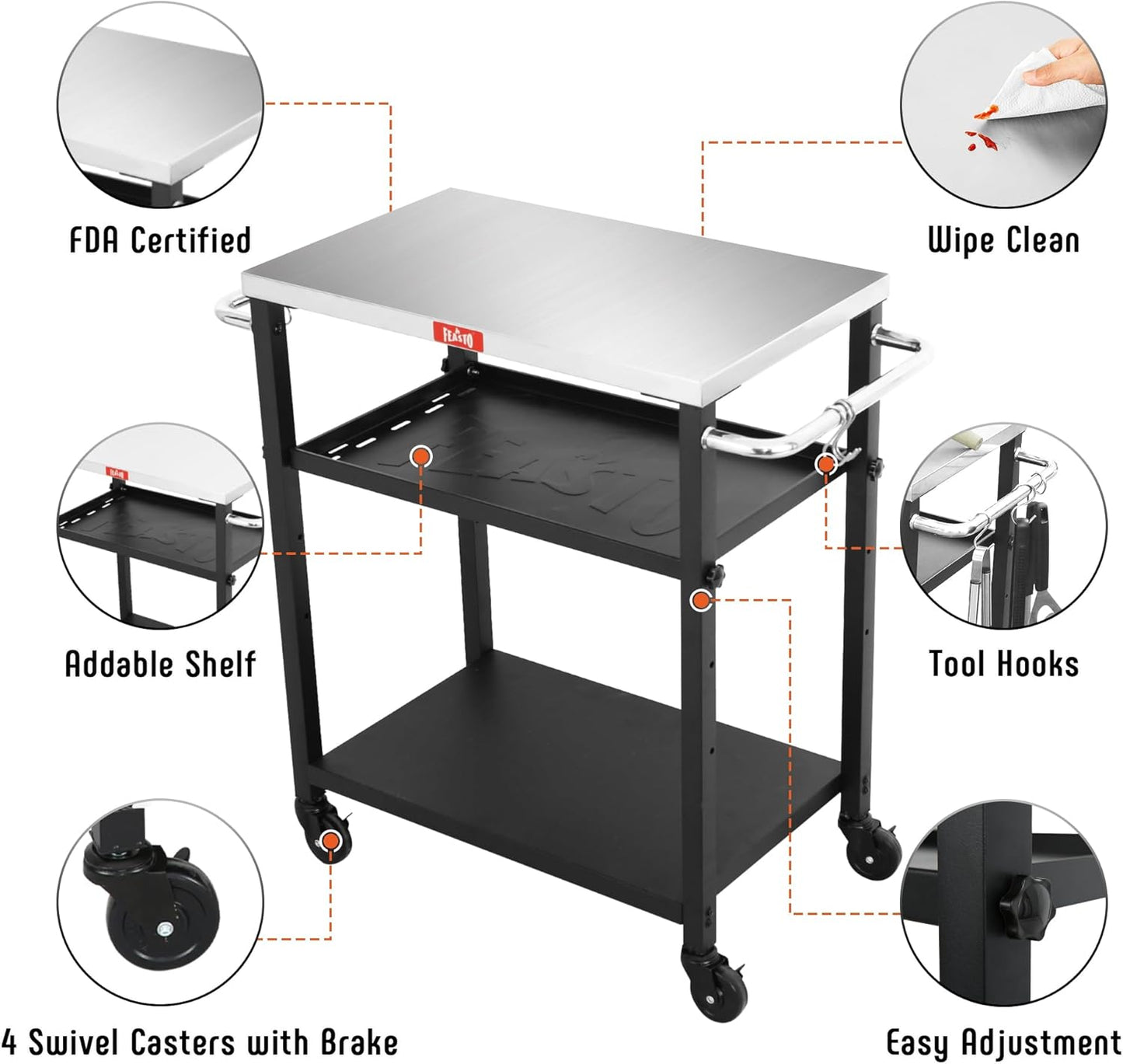 3-Shelf Grill Table,Pizza Oven Stand with Adjustable Shelf, Movable Grill Cart, for Outside,Outdoor Bar Cart with Wheels,Stainless Steel Tabletop,L34xW16.1