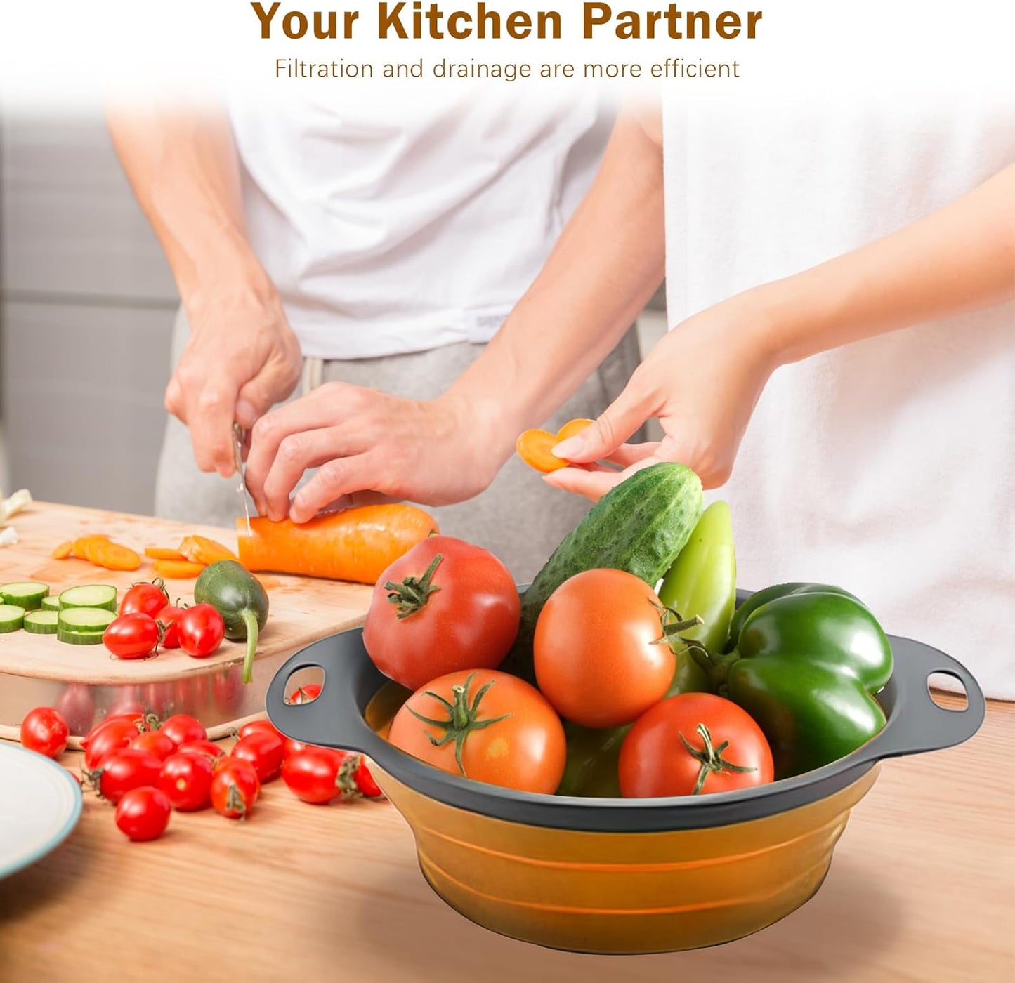 Collapsible Colander Set of 2 Silicone Kitchen Strainer Set, Perfect for Draining Pasta, Vegetable and fruit for Kitchen and Travel Use (Orange)