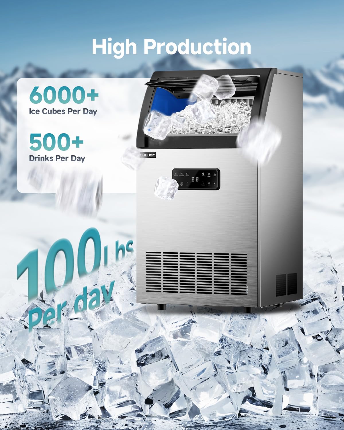 EUHOMY Commercial Ice Maker,100lbs/24H,Stainless Steel Under Counter Ice Machine with Water Filter,33lbs Storage Capacity, 45 Cubes in 8-12 Mins, Freestanding Ice Machine for Home/Bar/Cafe/Restaurant