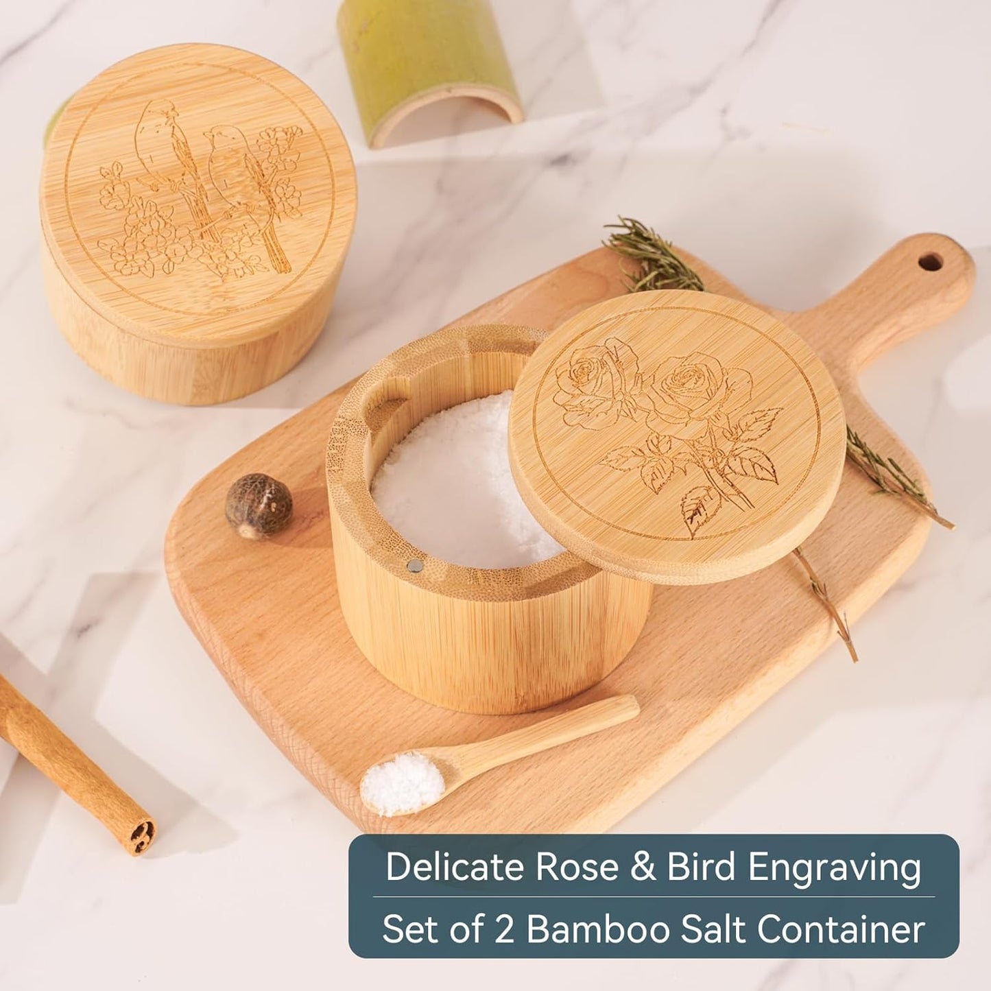 Salt Cellar, 2PCS Salt Container Bamboo Salt and Pepper Box for Countertop with Built-in Spoon & Swivel Lid, Spice Seasoning Storage Bowl, Elegant Salt Holder (Rose & Bird Engraving)