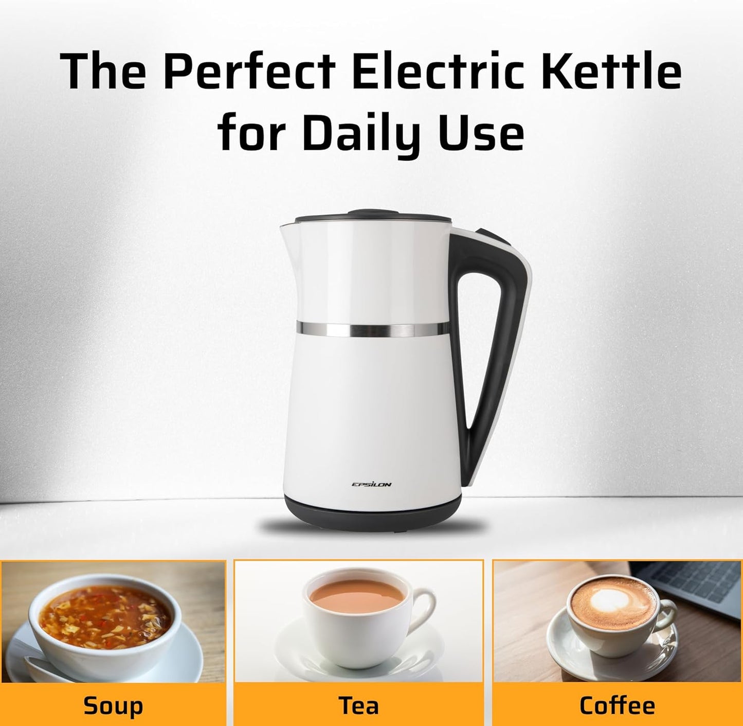 Epsilon Double Wall Electric Kettle 1500W – 1.7L Hot Water Tea Kettle & Hot Water Boiler with Auto Shut-Off, Boil Dry Protection, BPA-Free Stainless Steel Electric Teapot, Fast Boil, Cool Touch Design