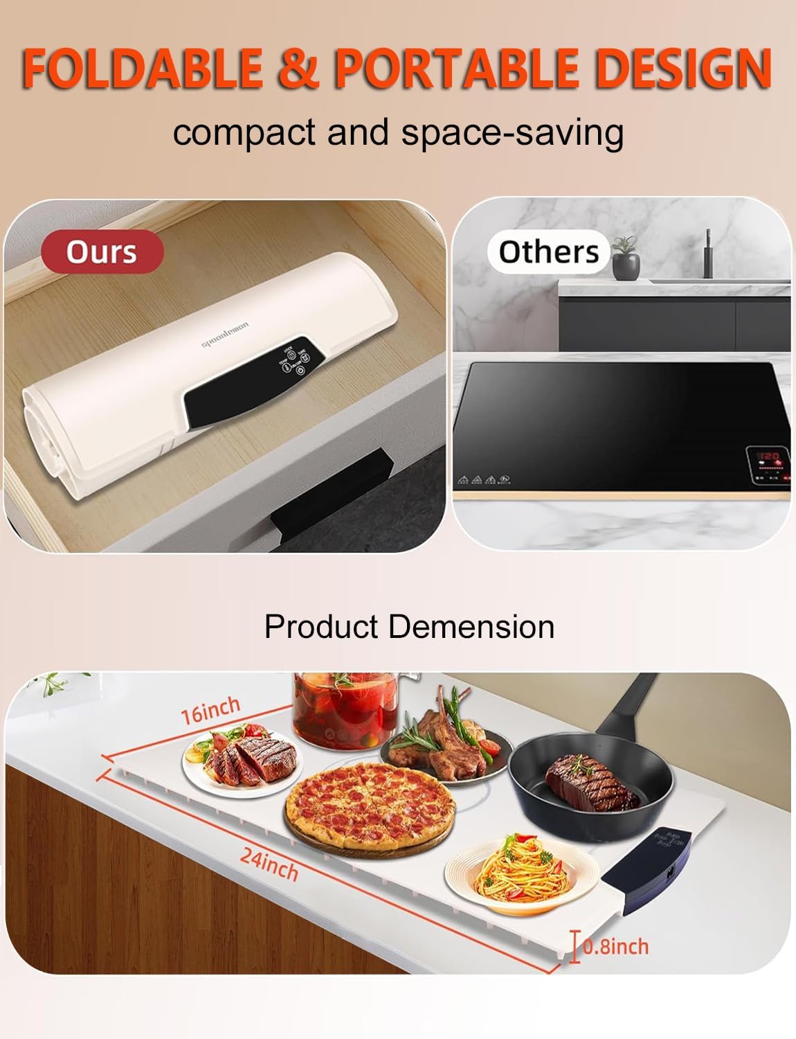 Electric Food Warming Tray, Full-Surface Warming Mat, Roll Up Silicone Heating Tray for Kitchen, Adjustable Temperature Settings & Timer, Food Warmer for Gatherings, Parties, Travel, Beige