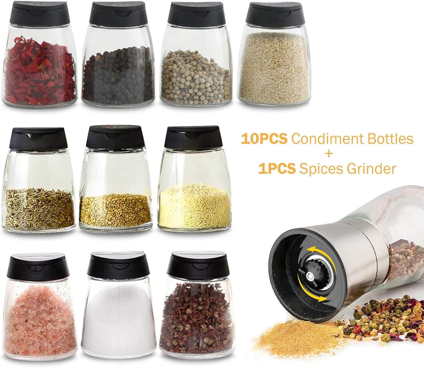 Glass Spice Jars, Double Lids Seasoning Shakers Glass Bottles Spice Shakers Sifter Barbecue Salt & Pepper Shaker Container (10 PCS Condiment Bottles + 1PCS Spices Grinder)