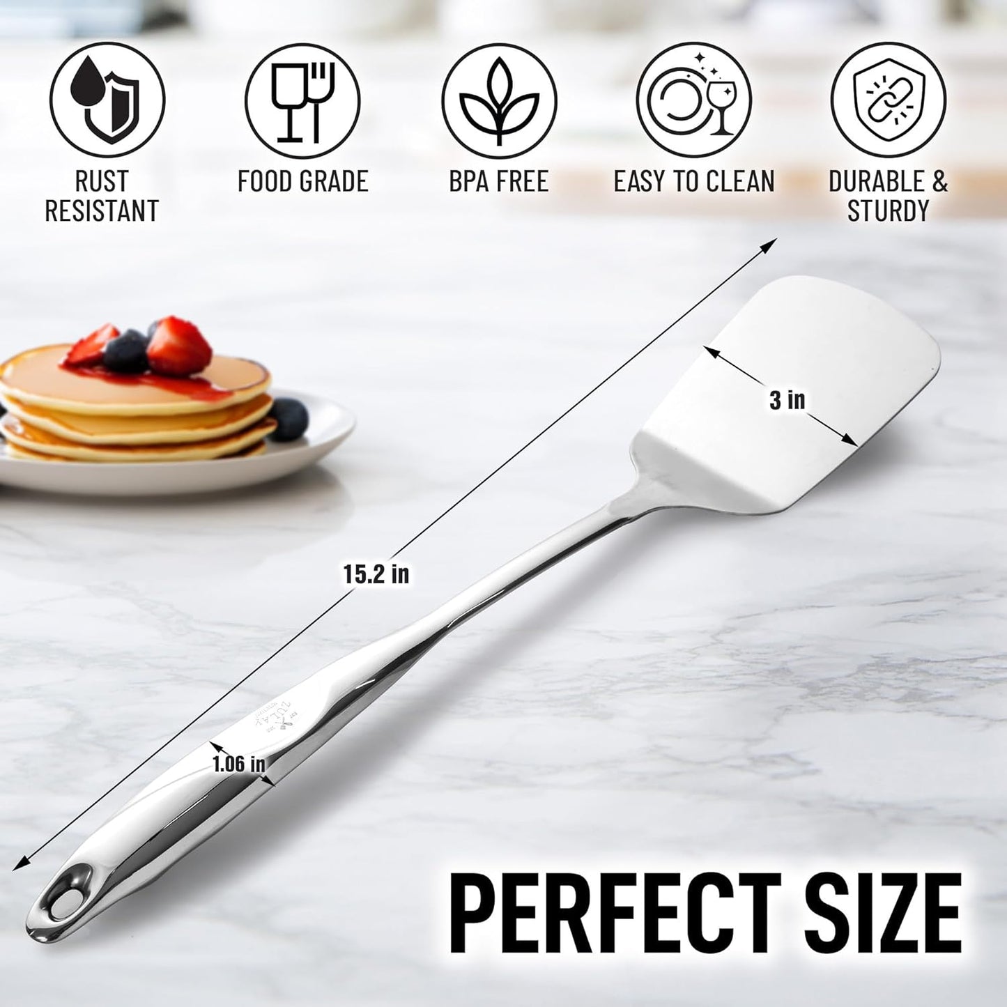 Zulay Kitchen Premium Stainless Steel Metal Spatula - Cooking Spoon Turner - Durable Cooking Utensil with Ergonomic, Easy to Use Handle - Easy to Clean, Perfect for at Home Cooks & Chefs - 15”