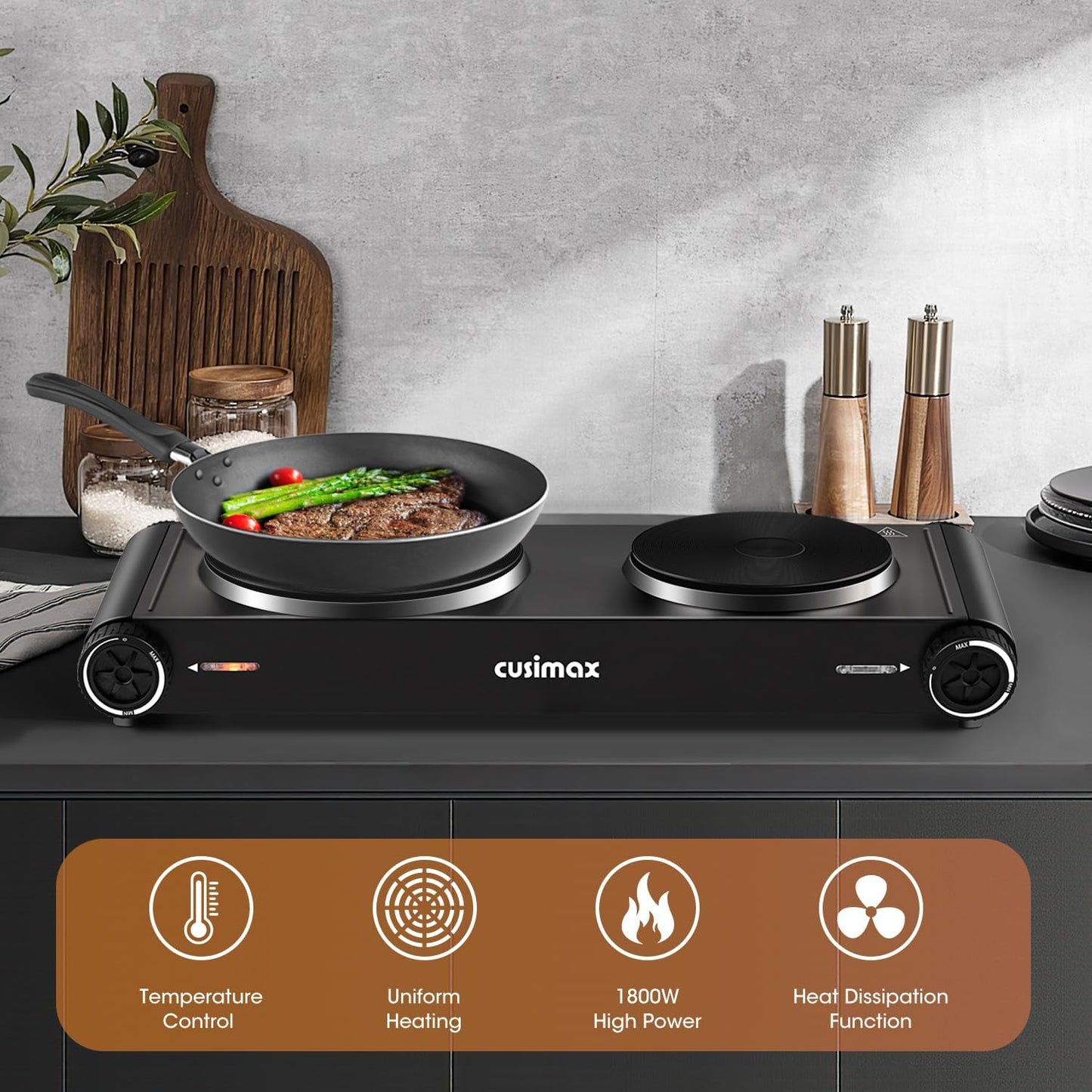 CUSIMAX Electric Hot Plate,Portable Double Hot Plate For Cooking,1800w Electric Stove Temperature Controls,Cast Iron Cooktop,Suitable For All Cookware,Easy To Use Handle,Black Stainless Steel
