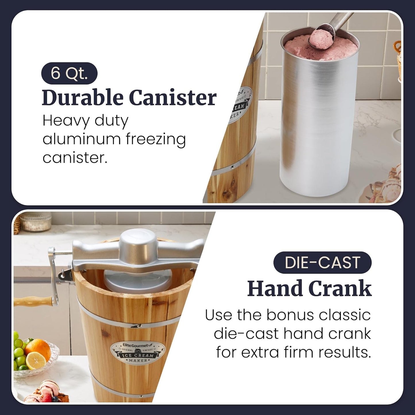 Elite Gourmet EIM916X Old Fashioned 6 Quart Vintage Wood Bucket Electric Ice Cream Maker Machine Appalachian, Bonus Classic Die-Cast Hand Crank for Churning, Uses Ice and Rock Salt