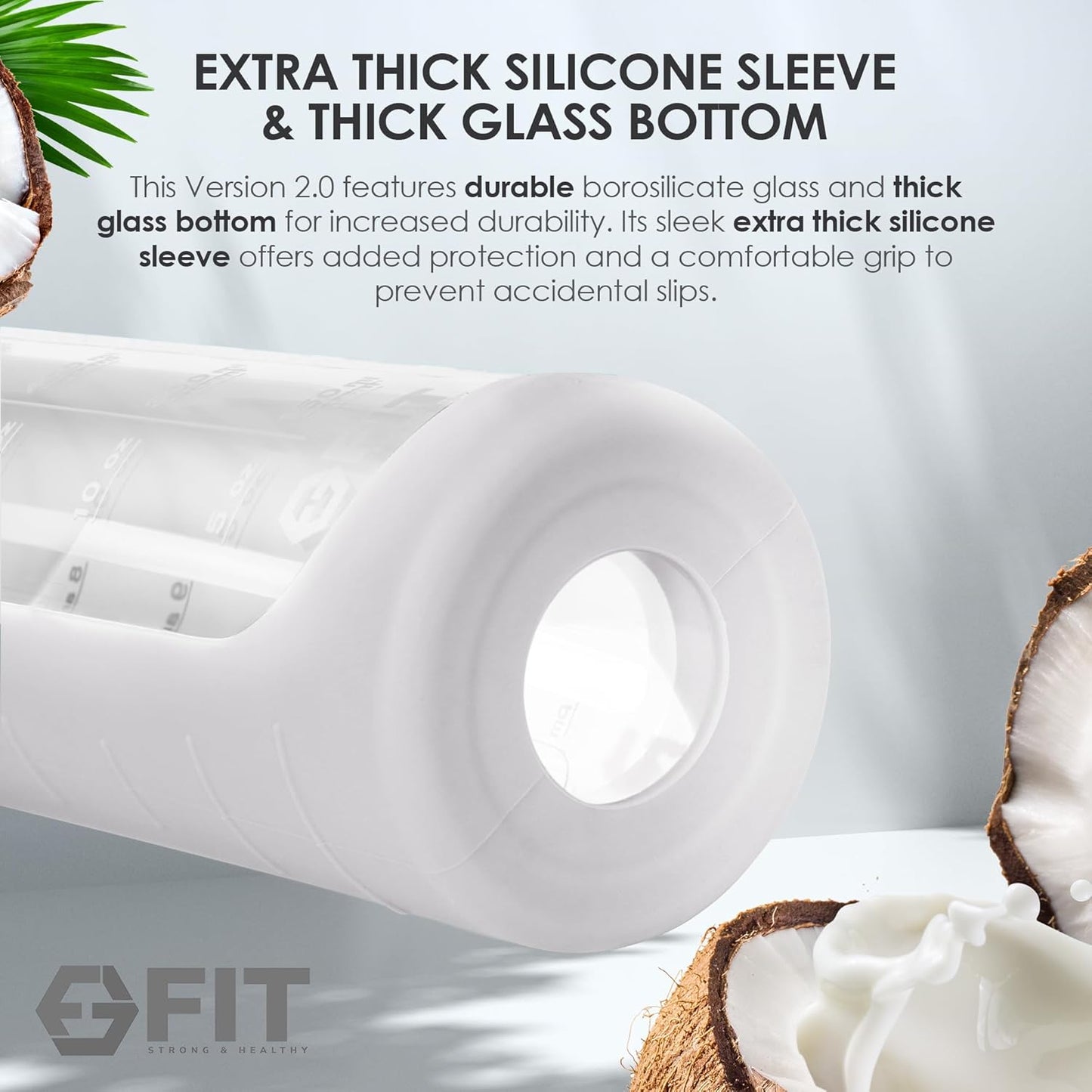 FIT Strong & Healthy 32 oz Glass Water Bottle with Straw Lid, Time Marker, Sleeve & Extra Lid - Motivational, Wide Mouth 1 Liter Glass Drinking Bottle