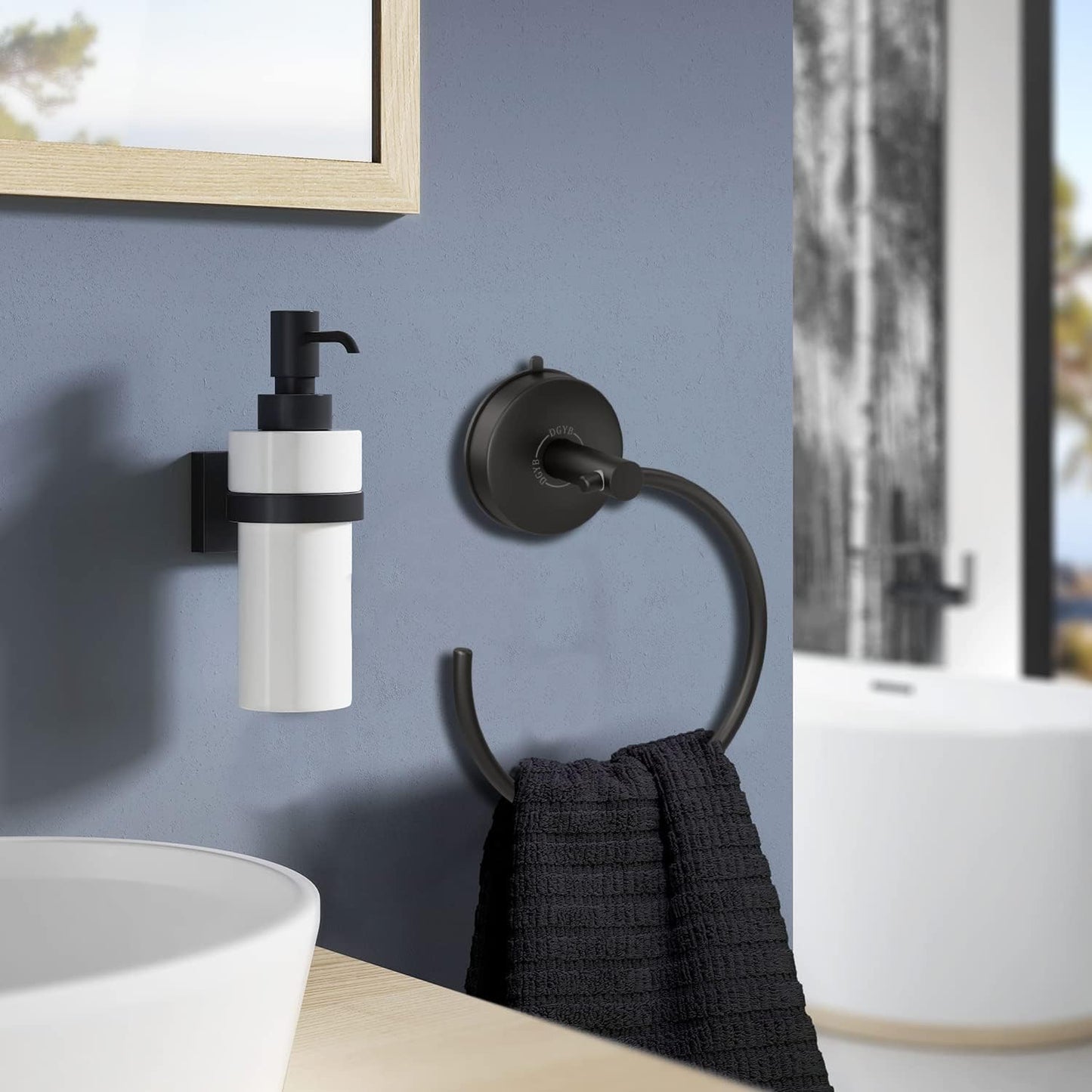 DGYB Suction Cup Hand Towel Ring Black Hand Towel Holder for Bathroom Wall SUS 304 Stainless Steel Kitchen Towel Hanger