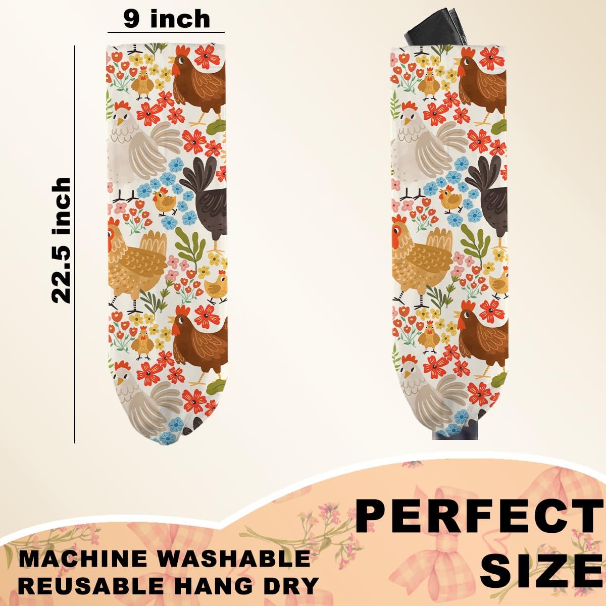 2 Pcs Chicken Plastic Bag Holder, Funny Chickens Grocery Bag Holder for Plastic Bags, Pull Rope Free Adjustment, Floral Grocery Bags Storage Dispenser for Home Kitchen, Chicken Gifts for Women