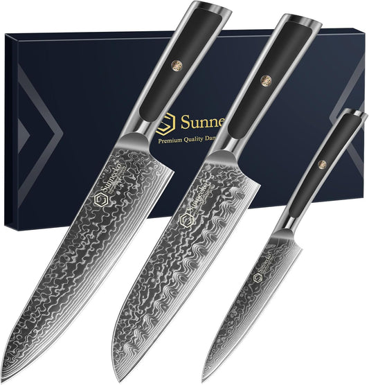 Sunnecko Kitchen Knife Set 3 Piece Chef Knife Set Professonal, Damascus Steel Kitchen Knives Sharp, Gift Box