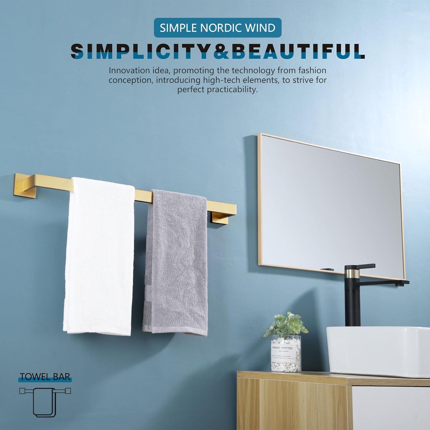 KOKOSIRI 24-Inch Single Towel Bar, Bathroom Kitchen Towel Holder, Wall Mounted SUS304 Stainless Steel Towel Rack 2 Pack, Brushed Gold, B4003BG-L24-P2