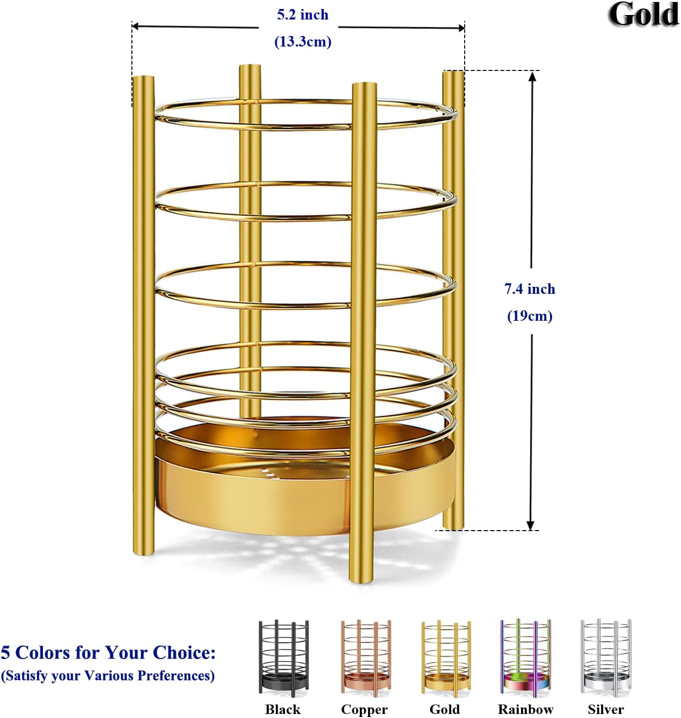 Gold Kitchen Utensil Holder for Kitchen Counter, Stainless Steel Utensil Crocks, Gold Titanium Coating Utensil Storage Caddy Organizer, Cooking Utensil Holder, Easy Cleaning (Gold/7.4''x5.2'')