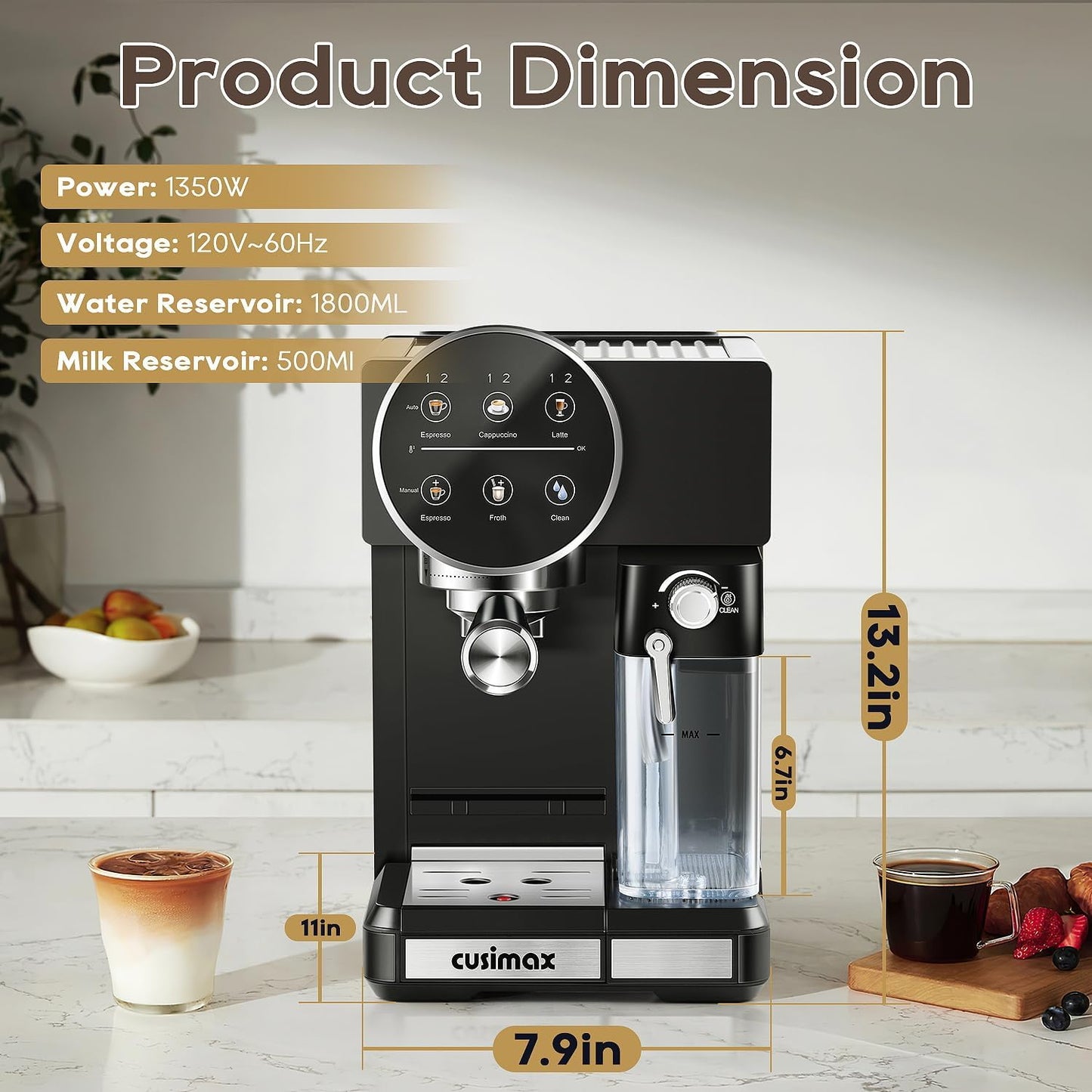 CUSIMAX Espresso Machine for Home, 20 Bar Expresso Coffee Machine,One-touch Control,Automatic Milk Frother,Compact Black Stainless Steel Cappuccino Machine,Ideal for Offices and Homes