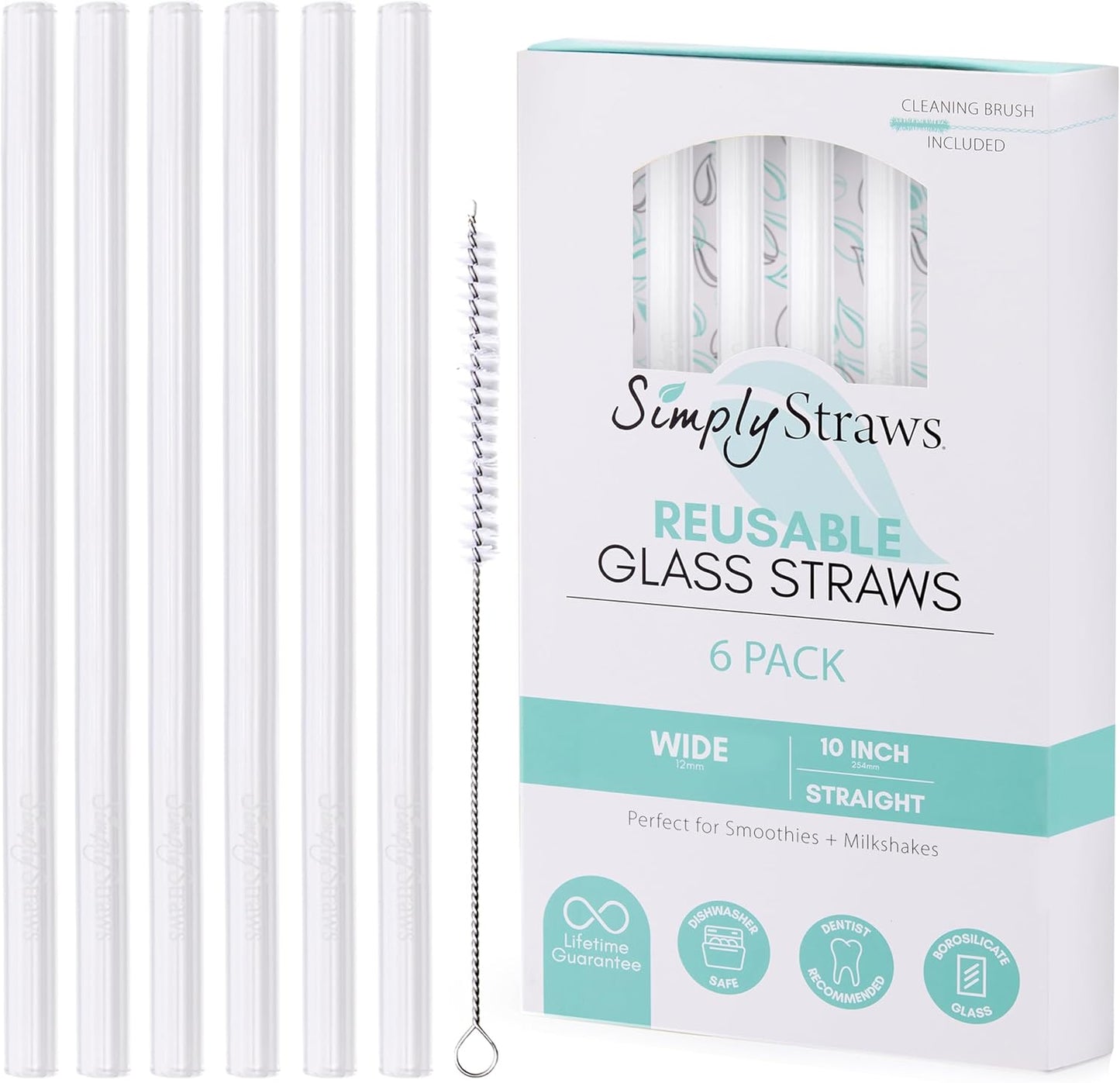 Simply Straws Wide Glass Straws (6-Pack) - 10in x 12mm Reusable Glass Smoothie Straws for Milkshakes, Juices & Slushies, with Cleaning Brush - Dishwasher Safe, Hot & Cold Use, BPA-Free (Air)