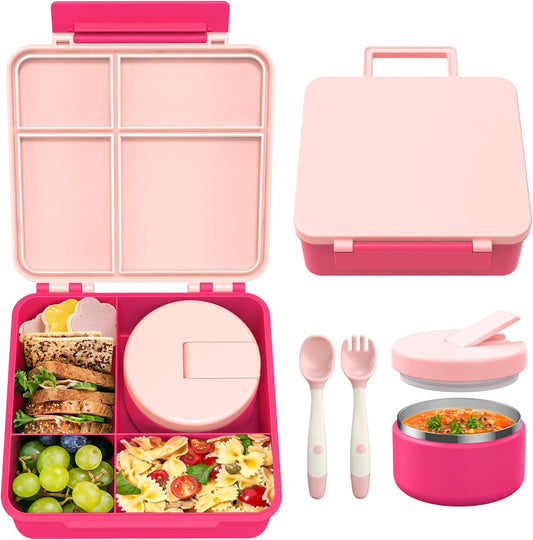 Bento Lunch Box with 8oz Soup Thermo, Leak-Proof Lunch Containers with 4 Compartment, Thermo Hot Food Jar and Insulated Lunch Box for School Pink