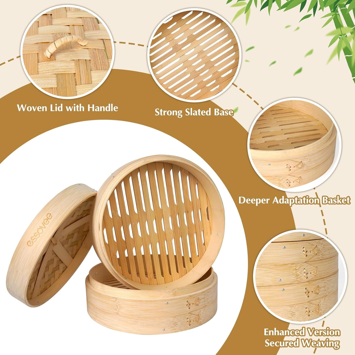 Bamboo Steamer 2 Tier 10-Inch Steaming Basket with Handle, Bun Vegetable Steam, Dumpling Steamer Bamboo Steam Basket, Chopsticks, Reusable Silicone Liner, Ring Adapter, for Chinese Asian Cuisine