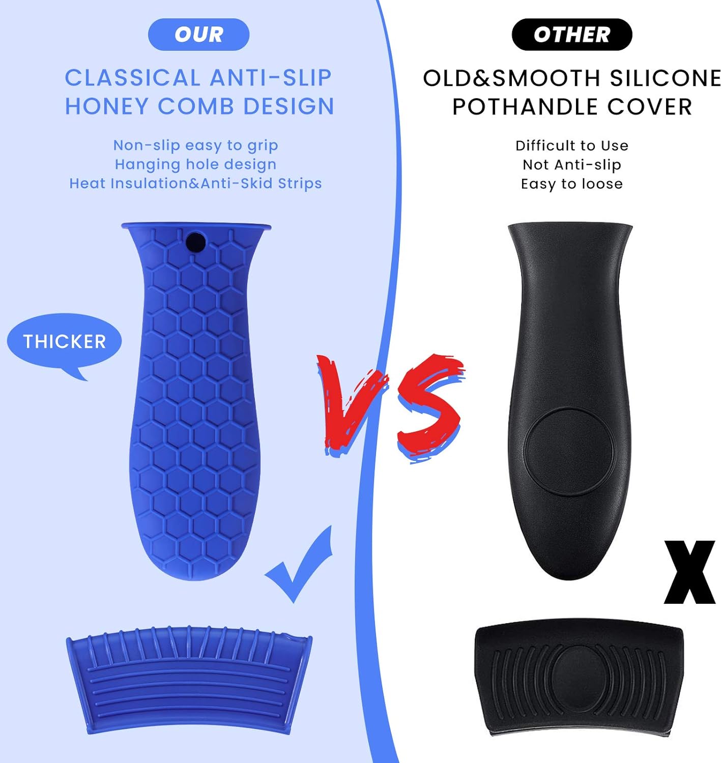 Patelai 8 Pcs Silicone Pot Holders Set Cast Iron Handle Cover Heat Resistant Pot Handle Covers Potholder Non Slip Reusable Pan Sleeve for Frying Pan Kitchen Supplies(Blue)