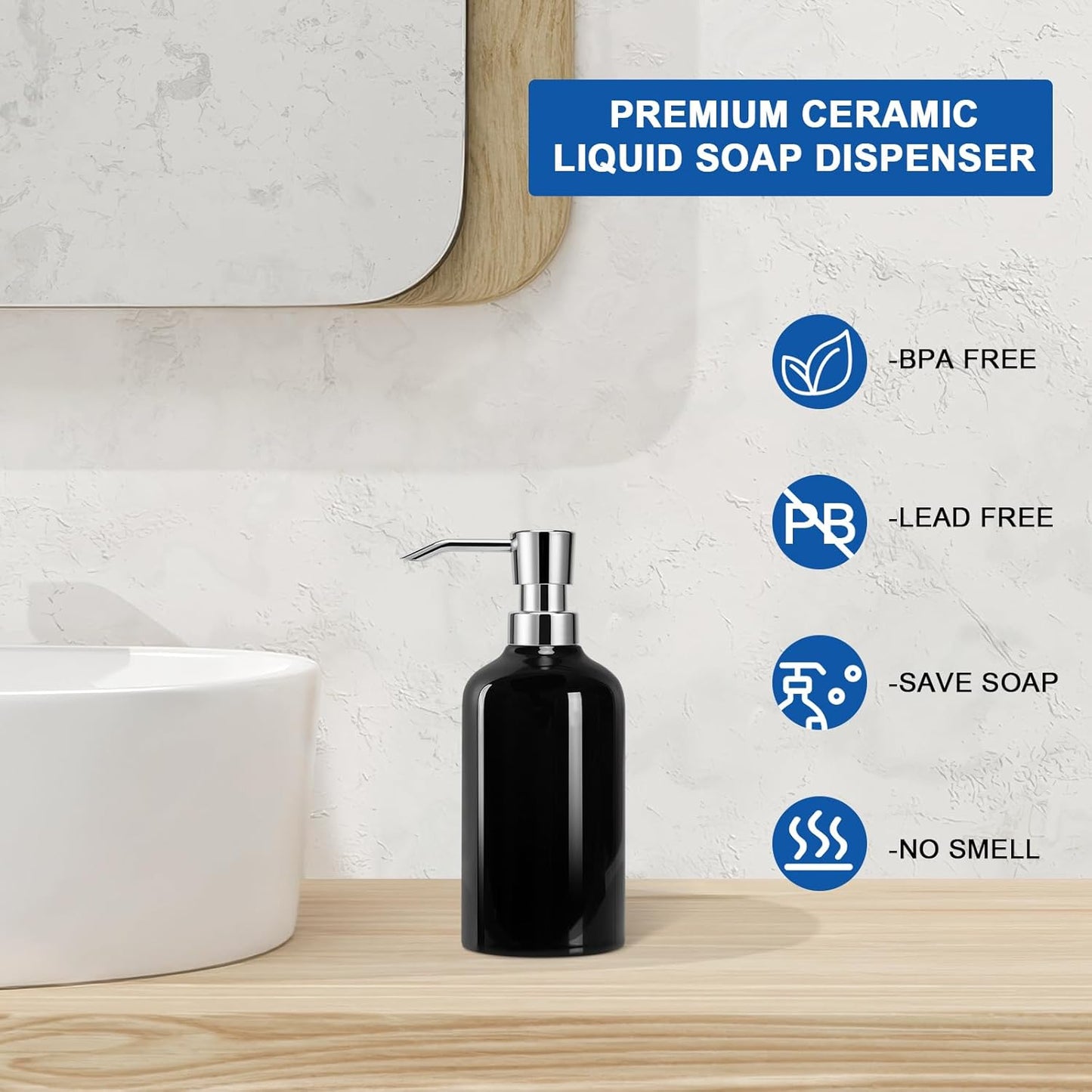 Ceramic Black Soap Dispenser Bathroom, 16.9oz Hand Soap Dispenser for Kitchen, Hotel