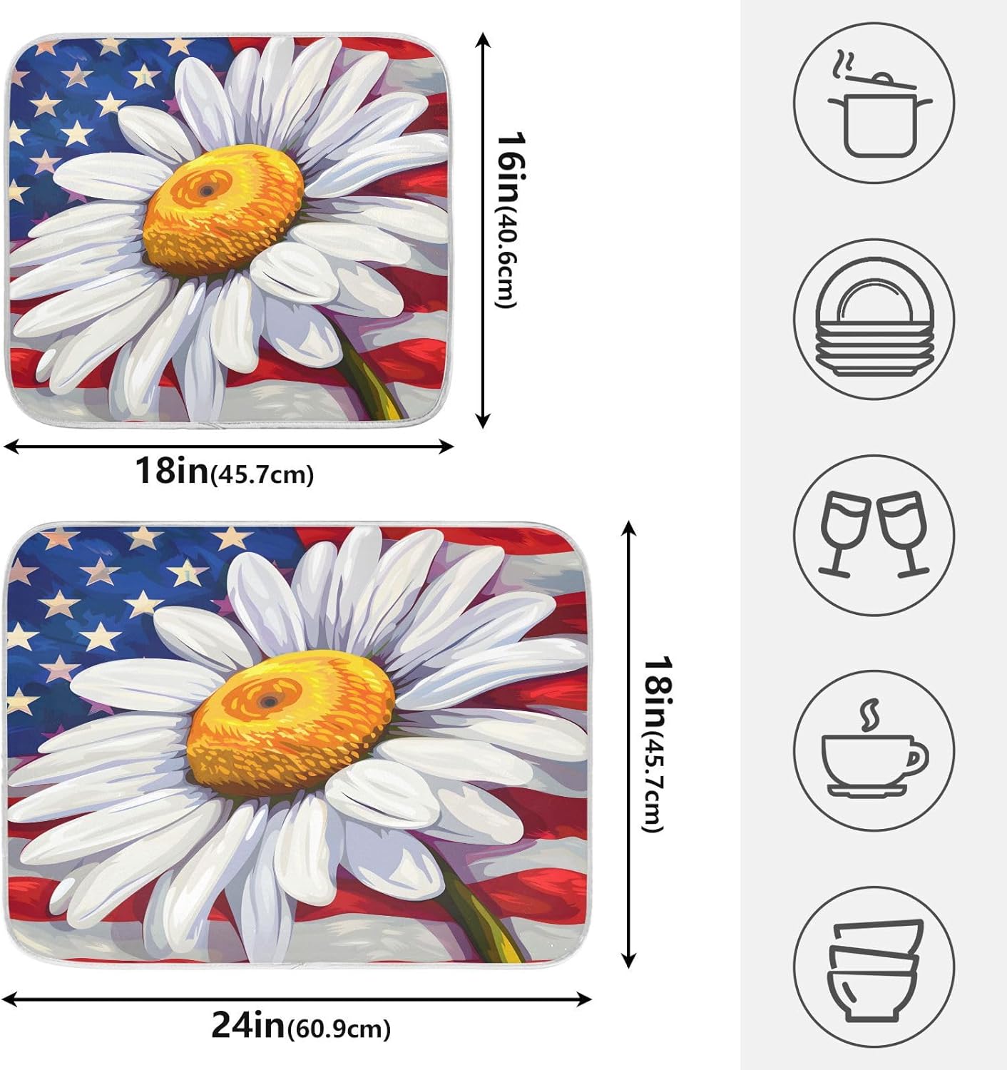 Daisy Flowers and American Flag Dish Drying Mat for Kitchen Counter Absorbent Microfiber Large Drying Pad Dish mats for Kitchen Countertops 18 x 24 Inch