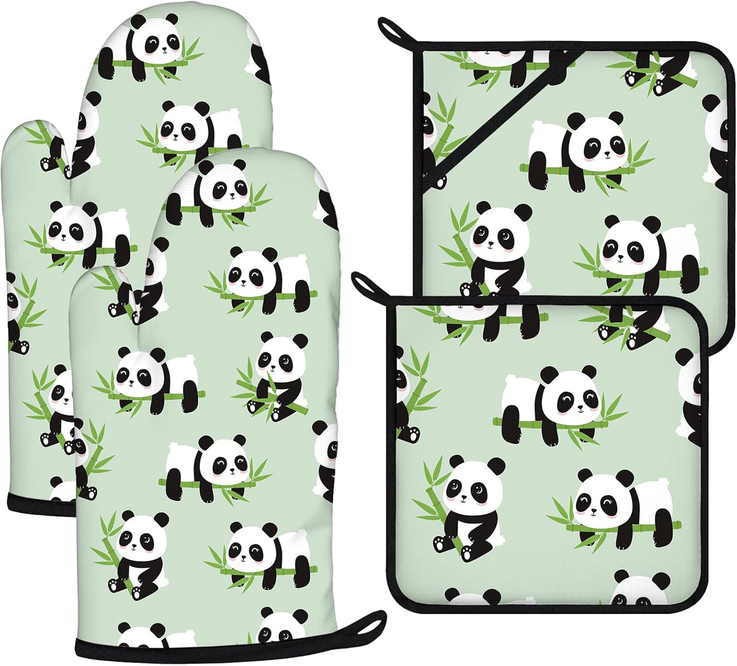 Cute Panda Oven Mitts and Pot Holders Sets 4Pcs,Extra Long Oven Gloves Potholder for Kitchen Cooking Baking BBQ 100% Cotton Heat Resistant