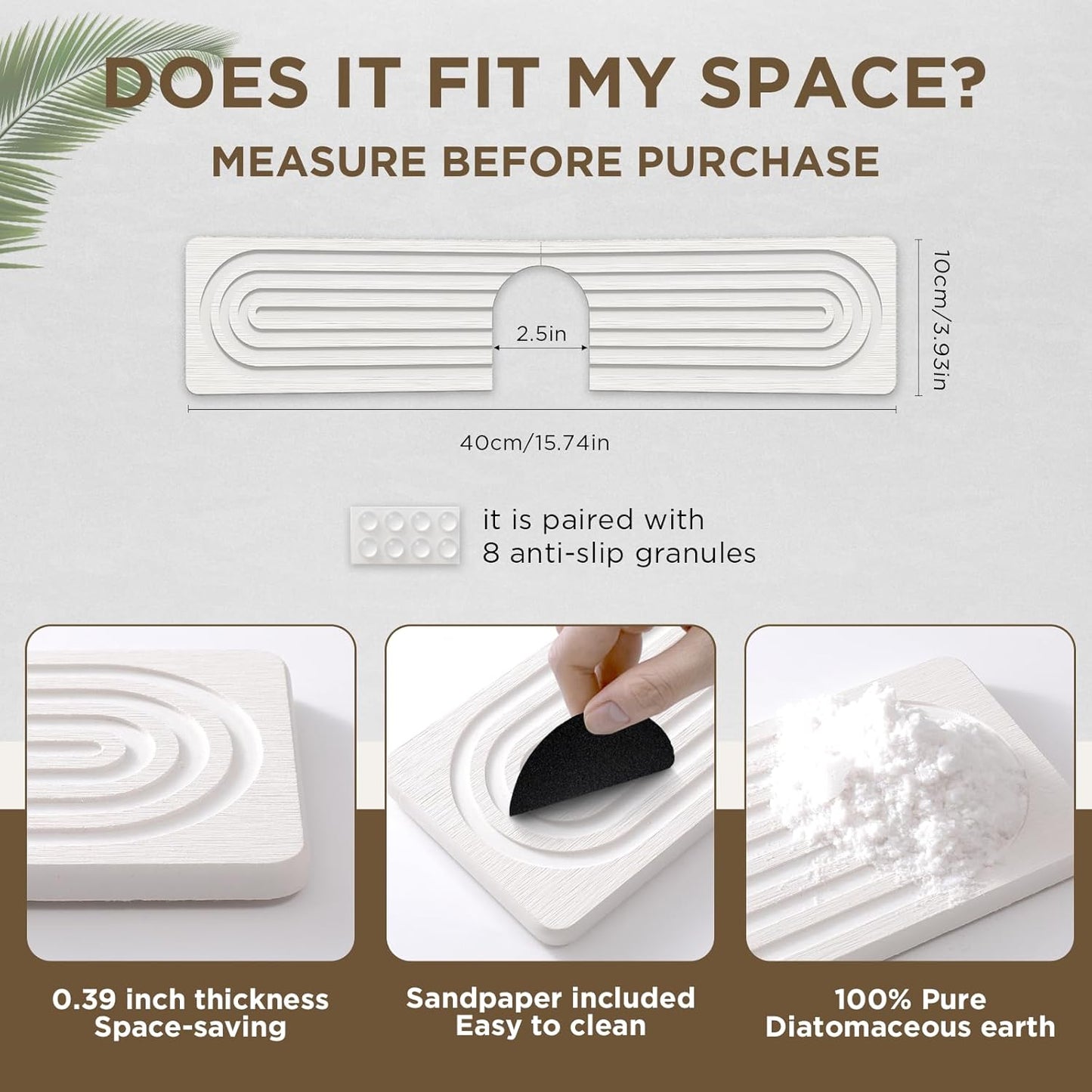 Faucet Mat for Kitchen Sink, Diatomite Stone Drying Sink Protectors, Bathroom Faucet Splash Guard, Quick Dry Water Absorbing, Non-Slip Stone Tray for Kitchen Counter, White, 15.7" x 3.9"