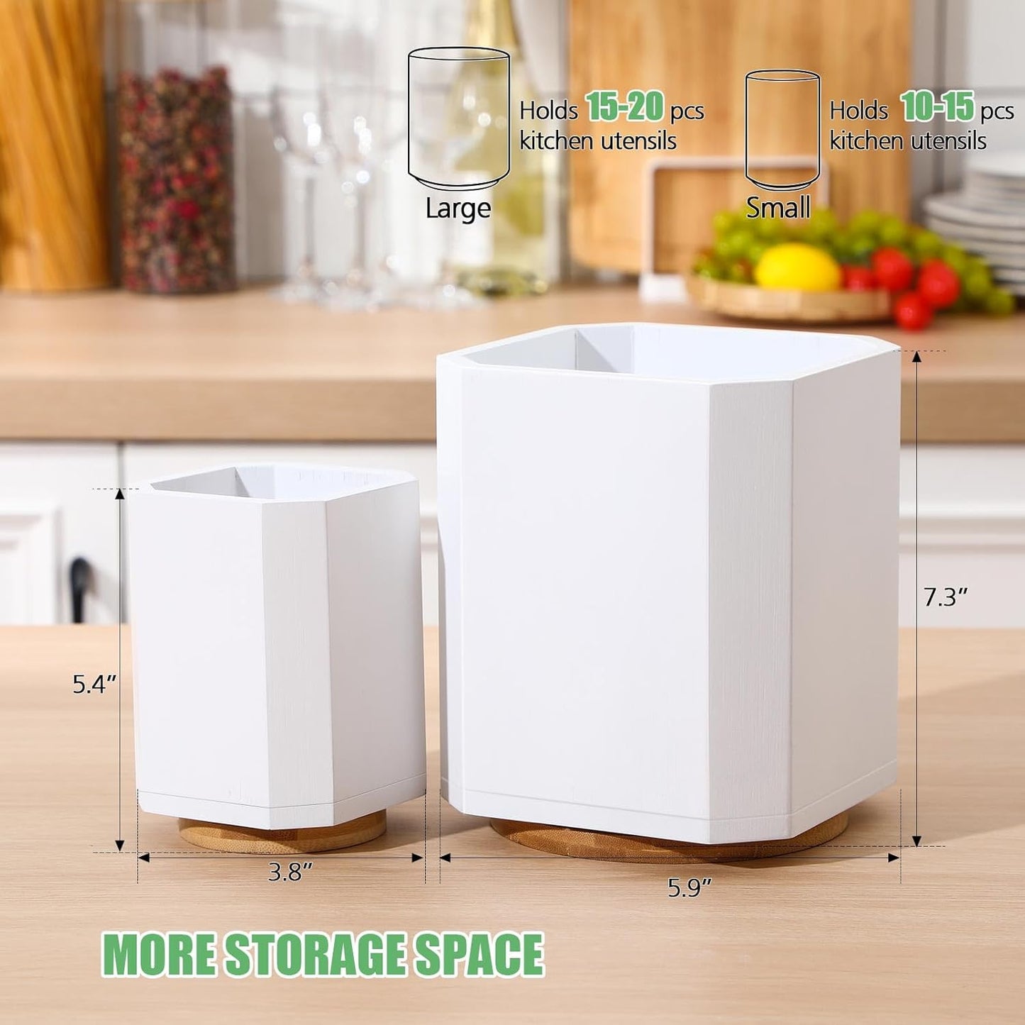 2 Pack Wooden Utensil Holder, 360°Rotating Kitchen Cooking Utensil Crock, Spoon Spatula Holder for Kitchen Counter, Farmhouse Countertop Organizer(White,Square)