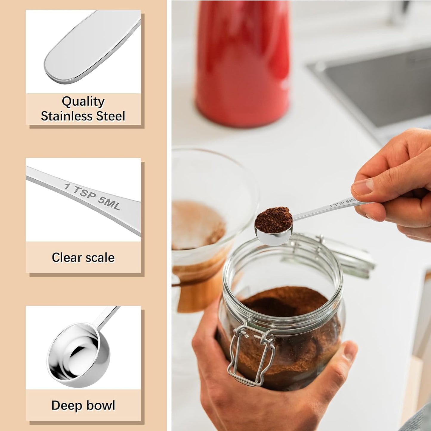 1PCS 1/2tbsp(1.5tsp, 7.5 ml) Single Measuring Spoon, Stainless Steel Individual Teaspoon, Metal Measure Scoop with Gift Box