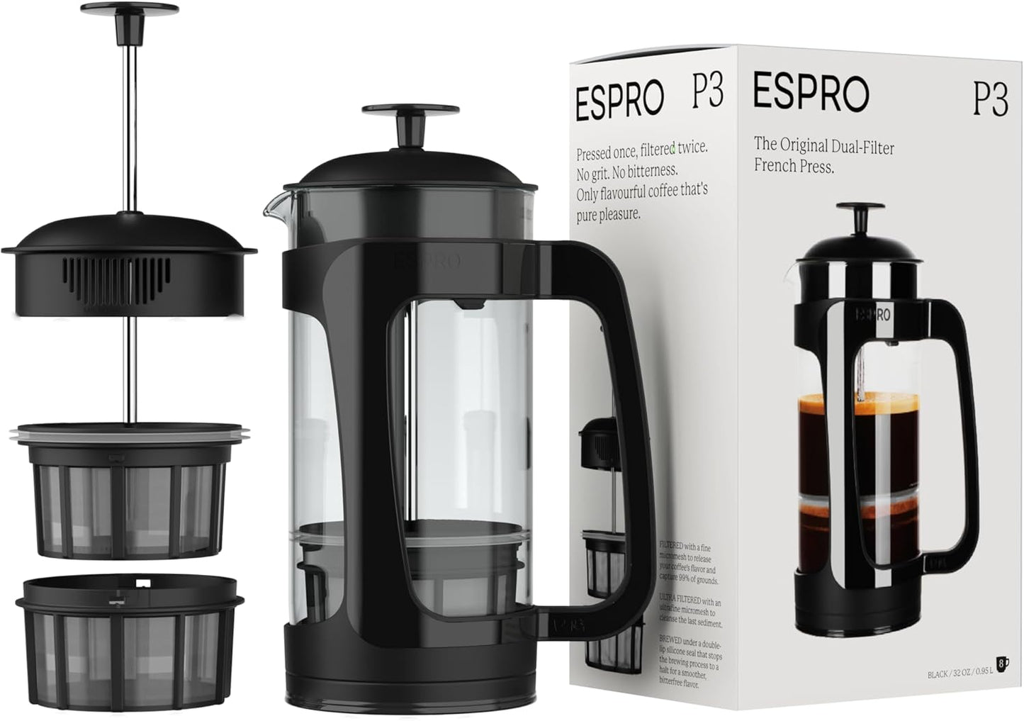 ESPRO - P3 French Press Coffee Maker – Patented Double Microfilter for Sludge and Grit Free Coffee, Black, 32 oz