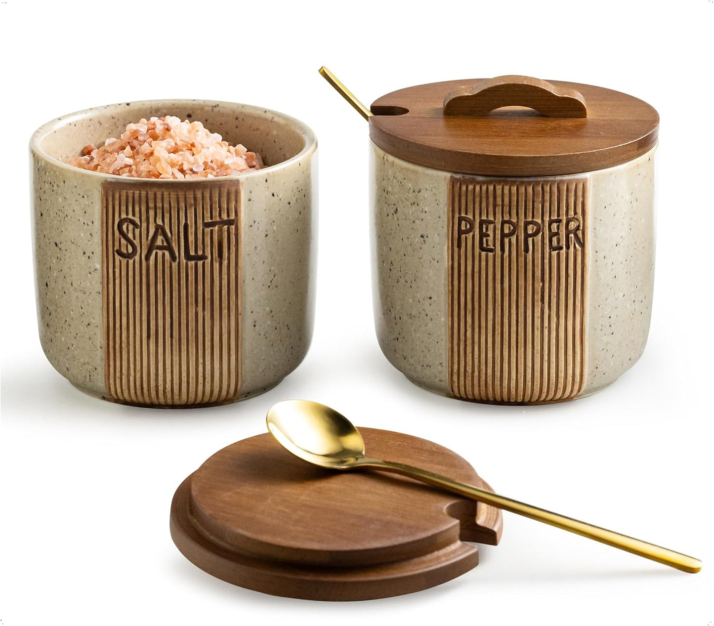 Ceramic Salt and Pepper Bowl, Salt Cellar with Lid and Spoons Salt Containers for Countertop Pepper Holder Box, Beige
