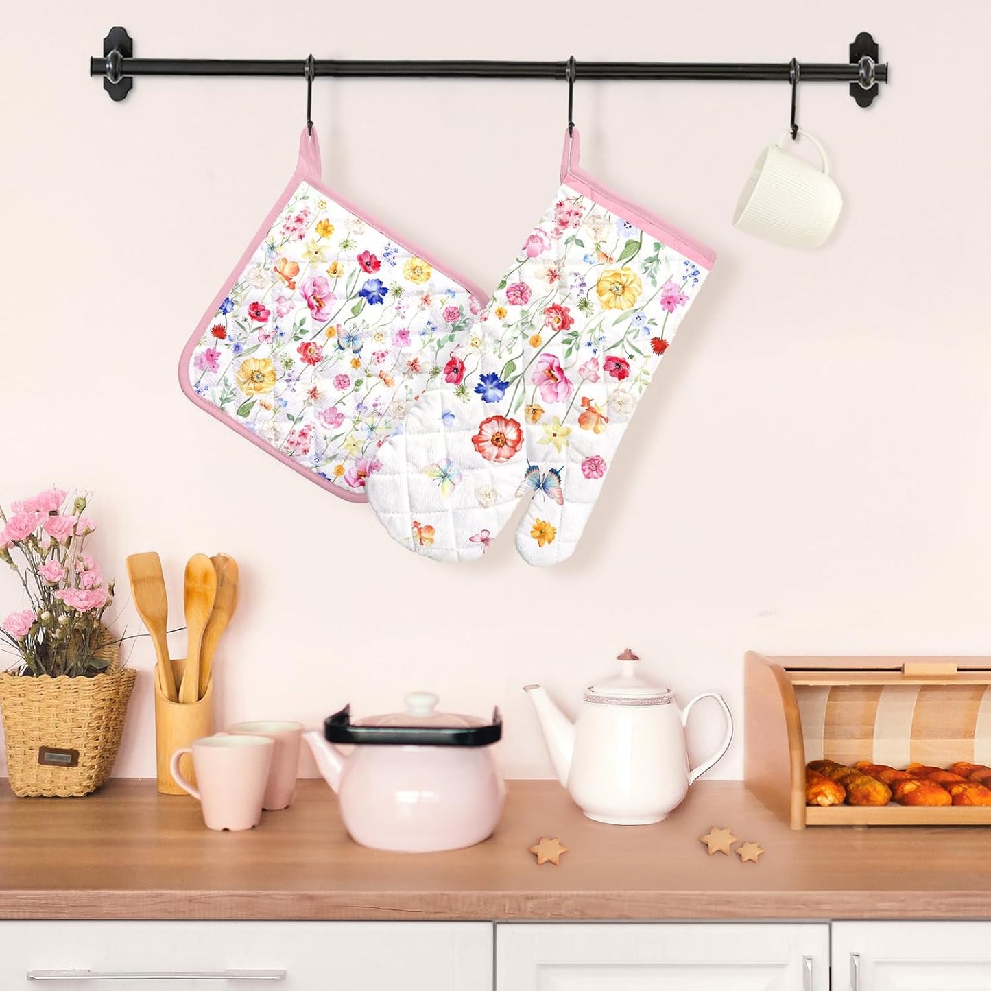 Wildflower Oven Mitts and Pot Holders Sets 2Pcs, 100% Cotton Heat Resistant, Extra Long Oven Gloves Potholder for Kitchen Cooking Baking Decoration